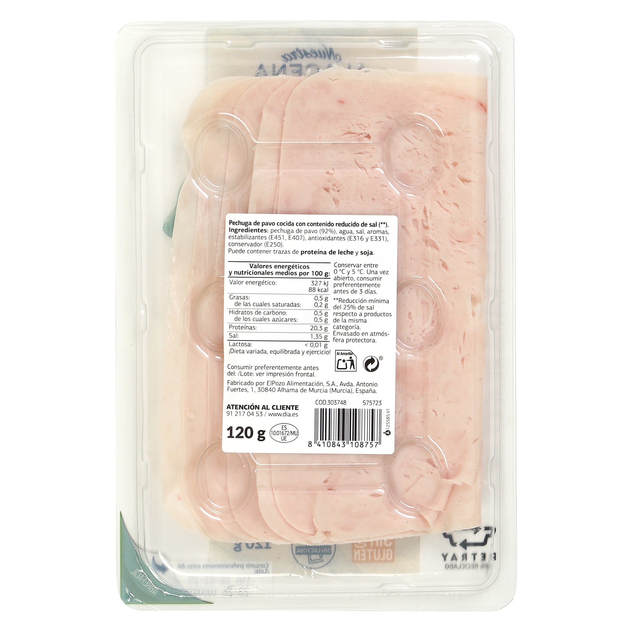 Pechuga de pavo 92% reducido de sal Dia Nuestra Alacena 120 g