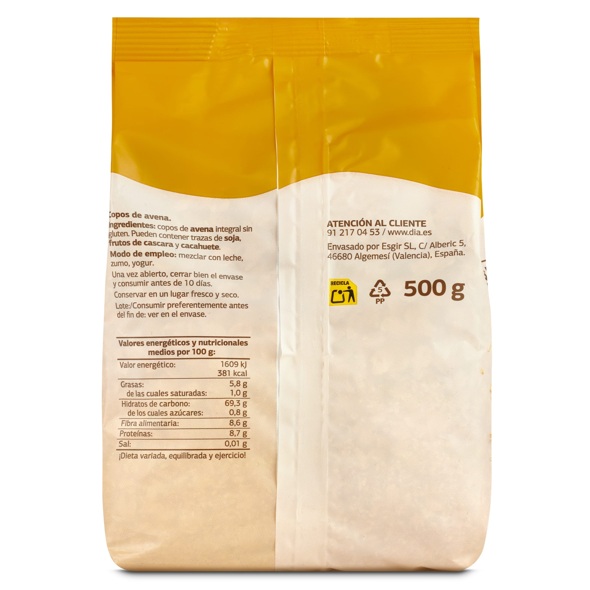 Copos de avena 100% integral sin gluten Gran Dia 500 g
