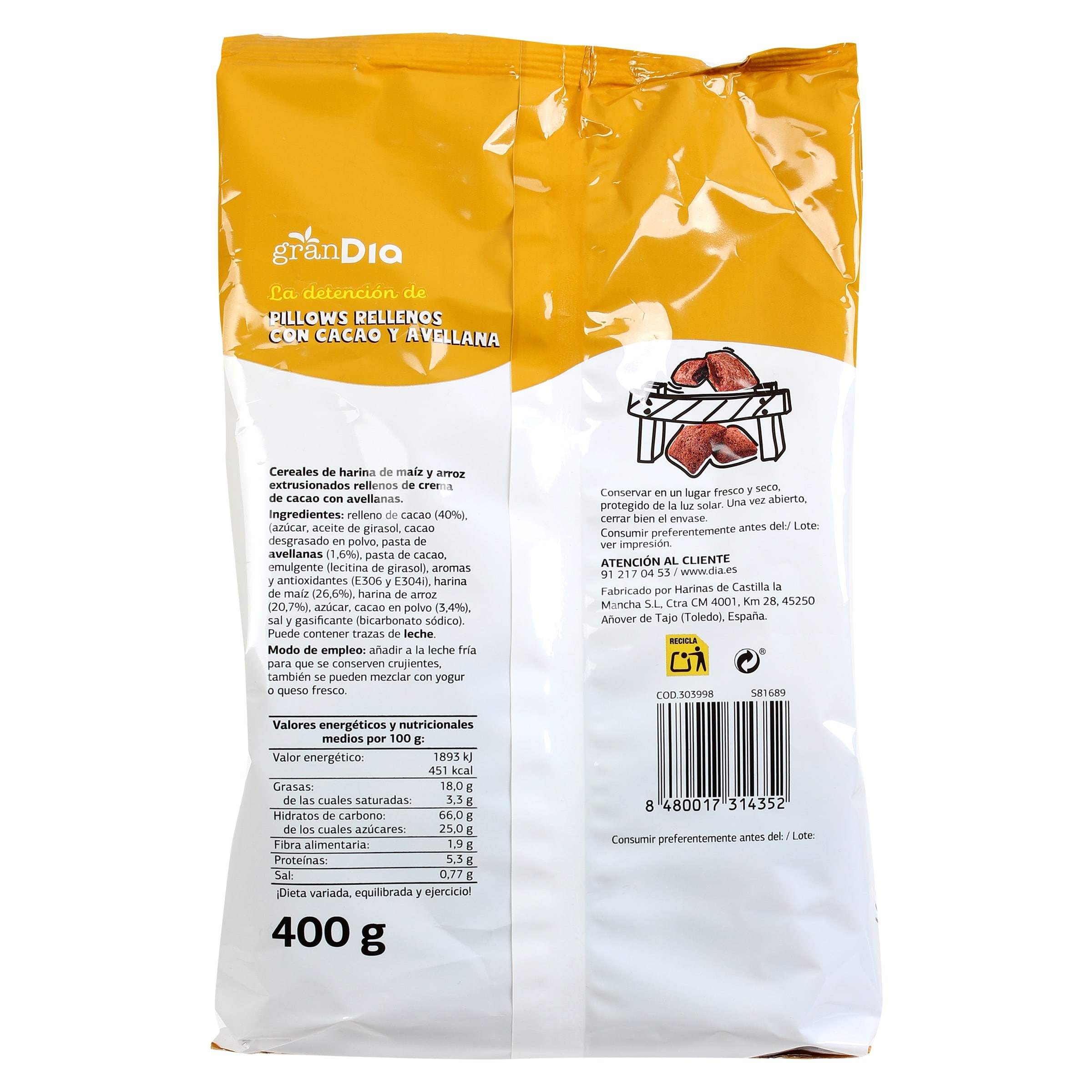 Cereales rellenos con cacao y avellana sin gluten Gran Dia 400 g