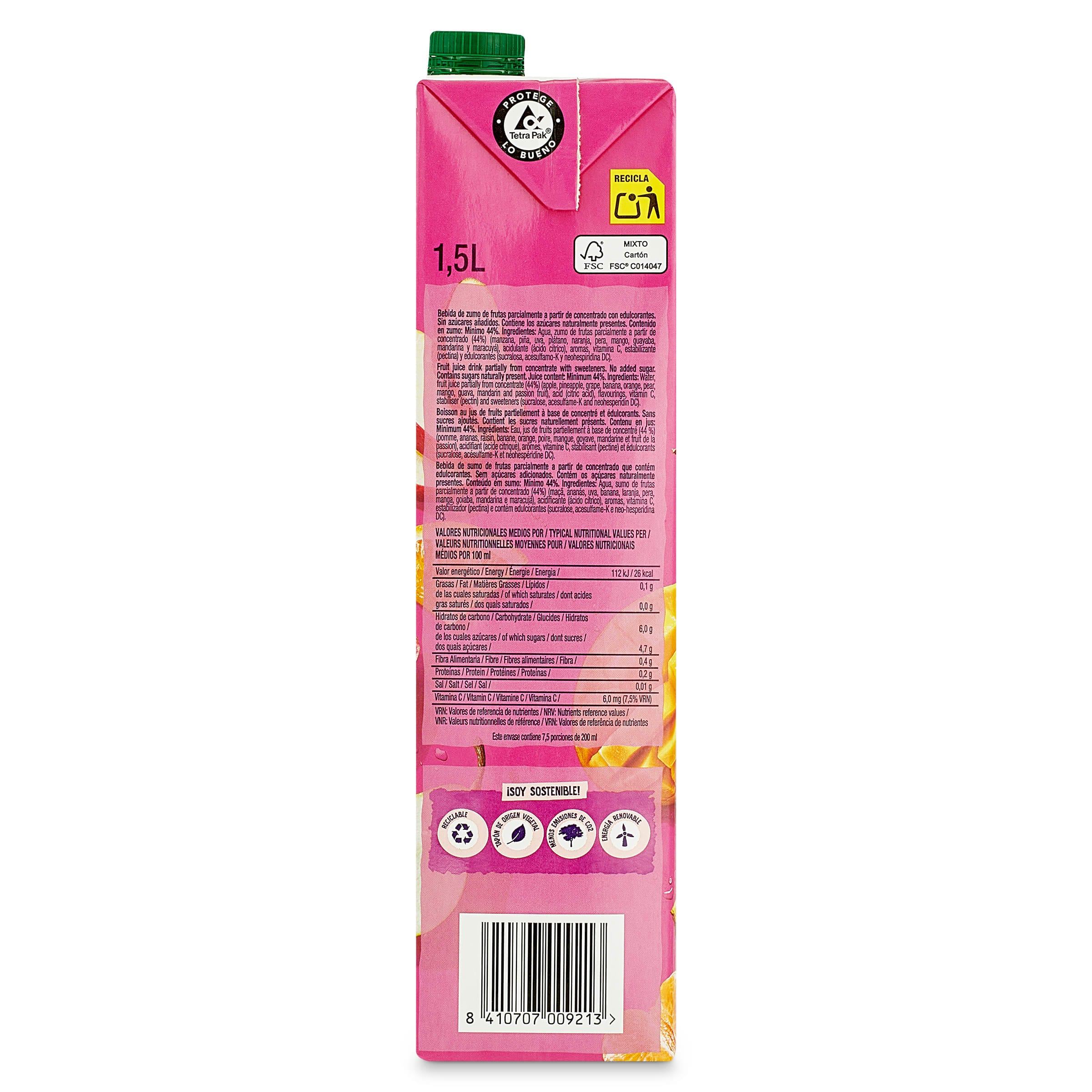 Bebida de zumo de frutas tropicales sin azúcares añadidos Juver 1,5 L