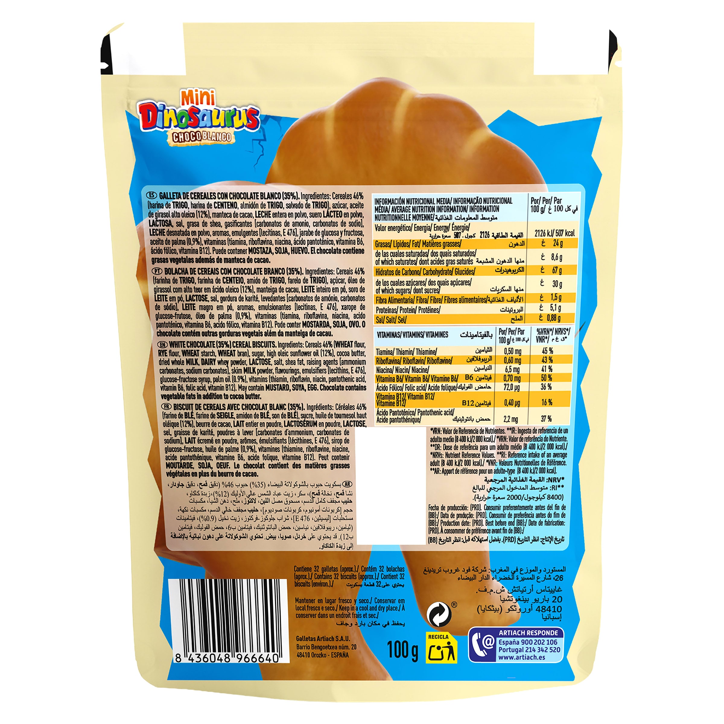 Mini galletas choco blanco Artiach Dinosaurus 100 g