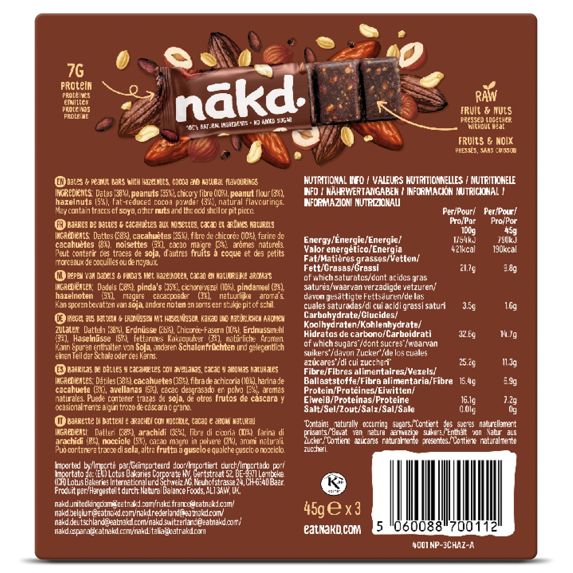 Barritas proteicas de cacao y avellana Nakd 135 g