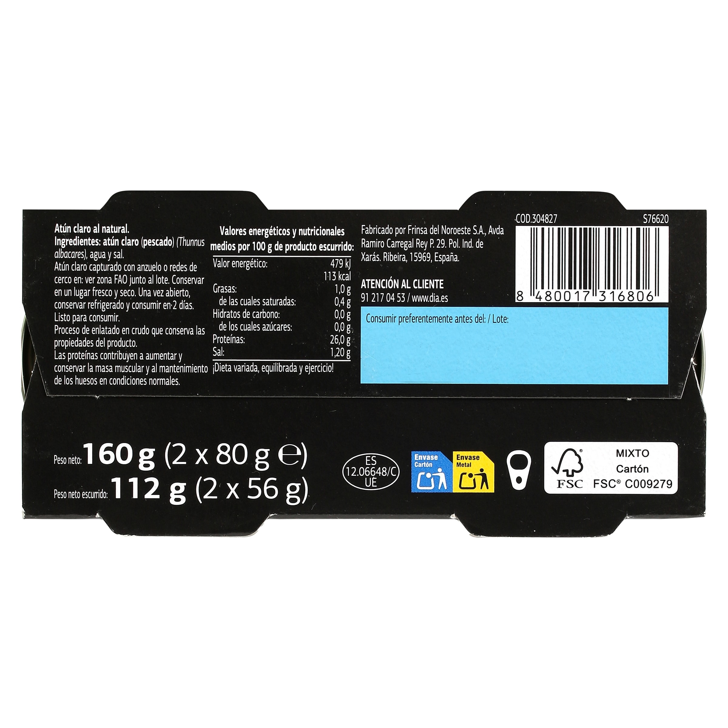 Atún claro al natural alto en proteínas Dia Mari Marinera 2 x 56 g