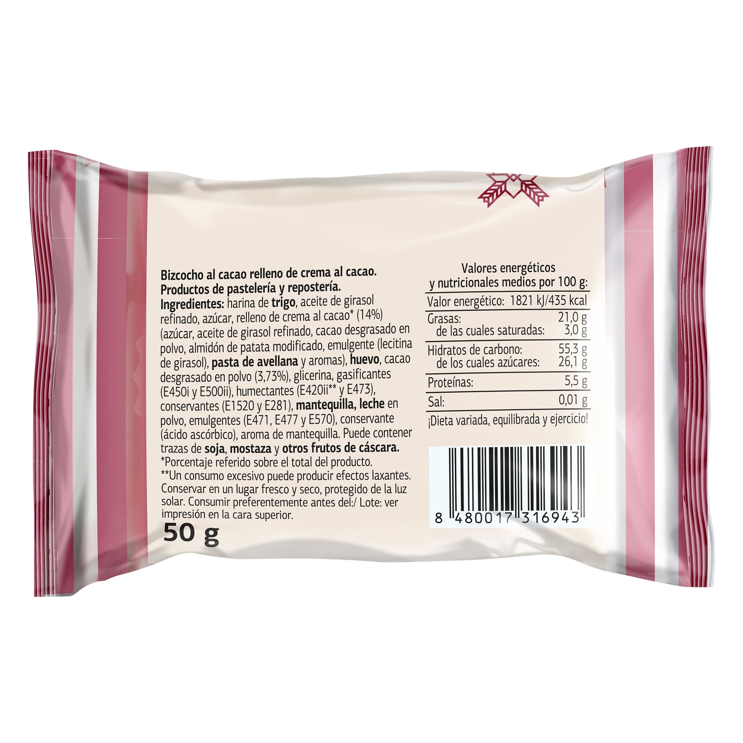 Bizcocho al cacao relleno de cacao El Molino de Dia 50 g