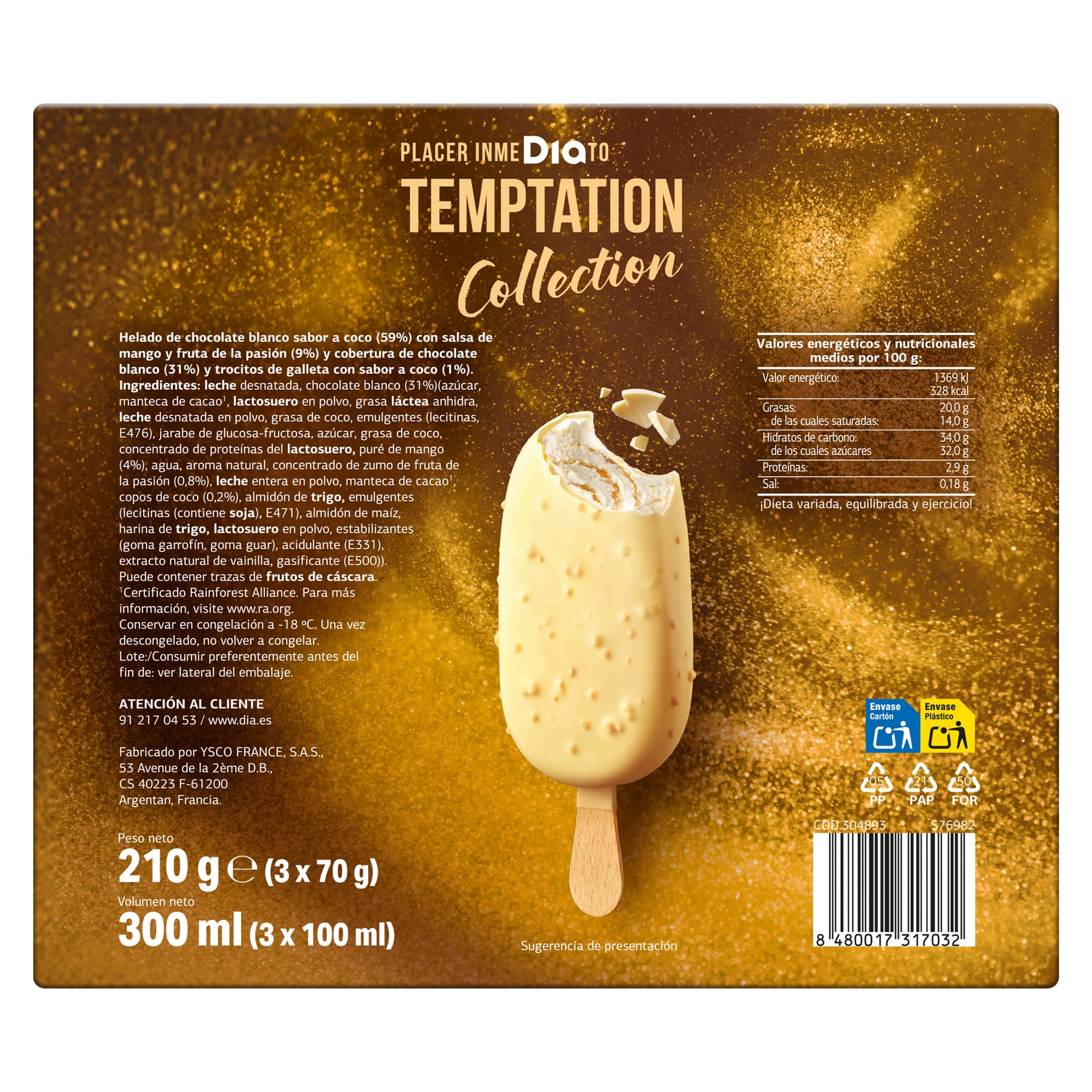 Helado bombón coco y mango Dia Temptation 3 x 70 g