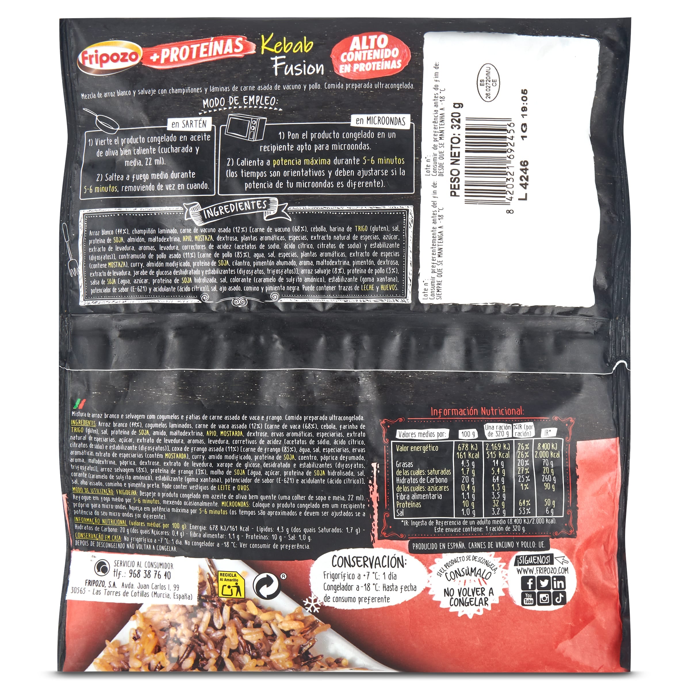 Kebab fusión con arroz y verduras alto en proteínas Fripozo 320 g