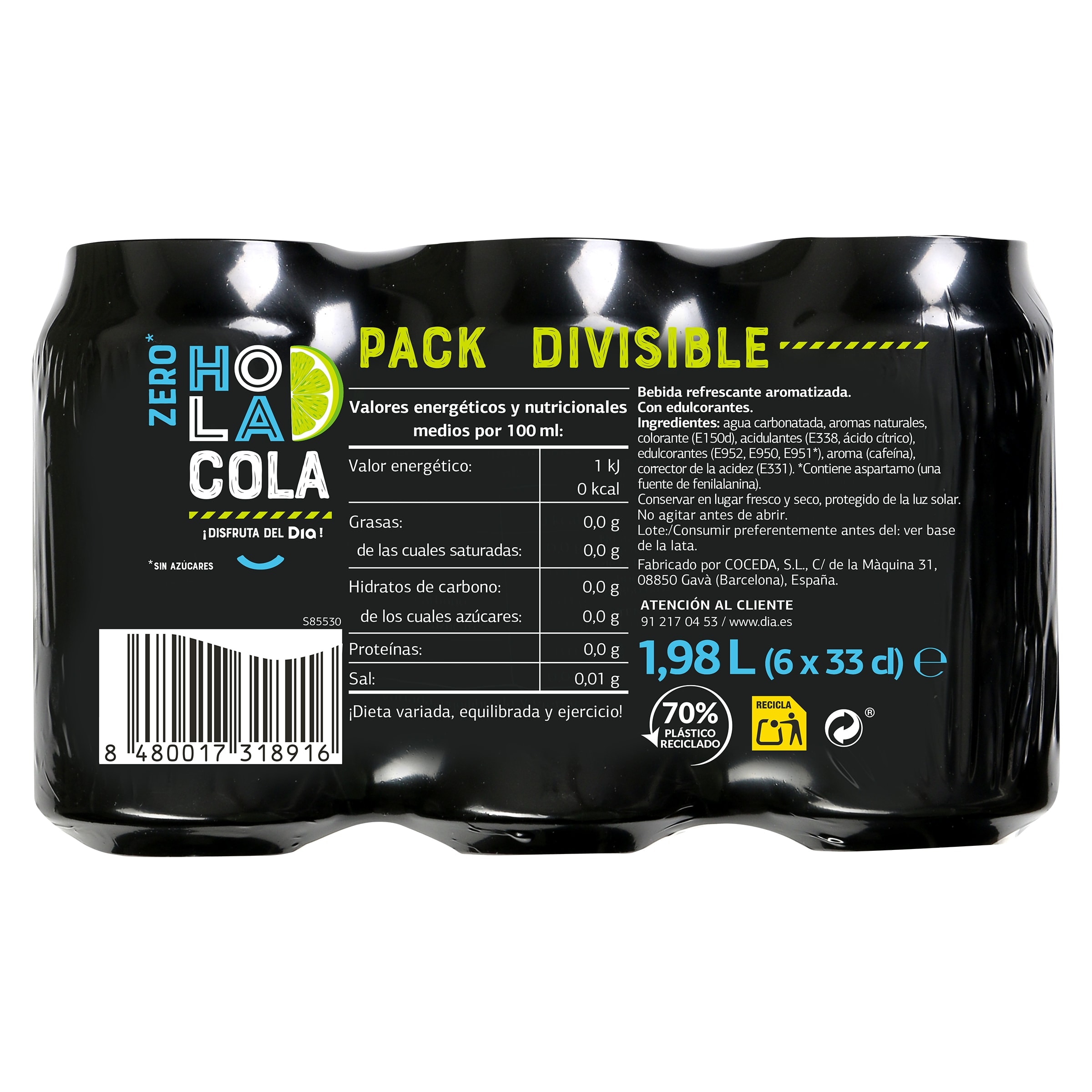 Refresco de cola zero sabor cítrico Dia Hola Cola pack 6 x 330 ml