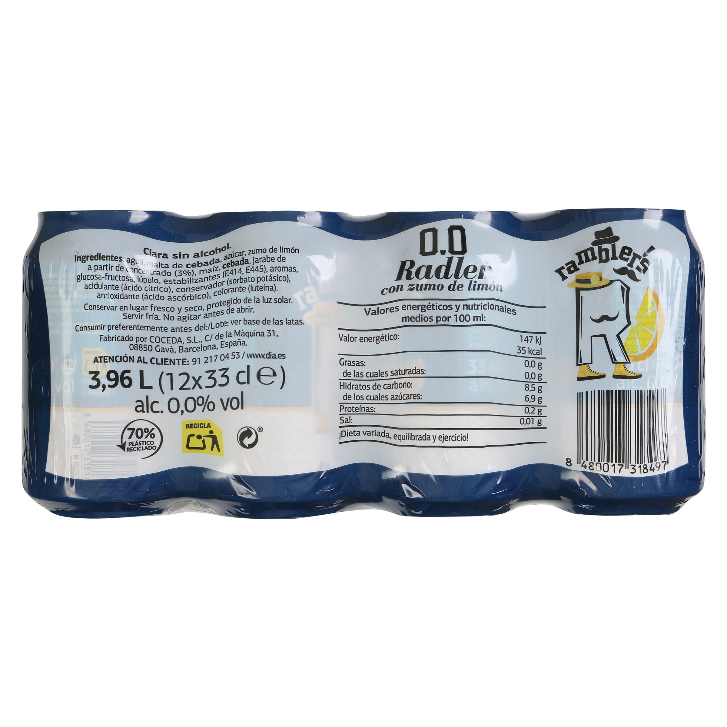 Cerveza radler sin alcohol Dia Ramblers pack 12 x 33 cl