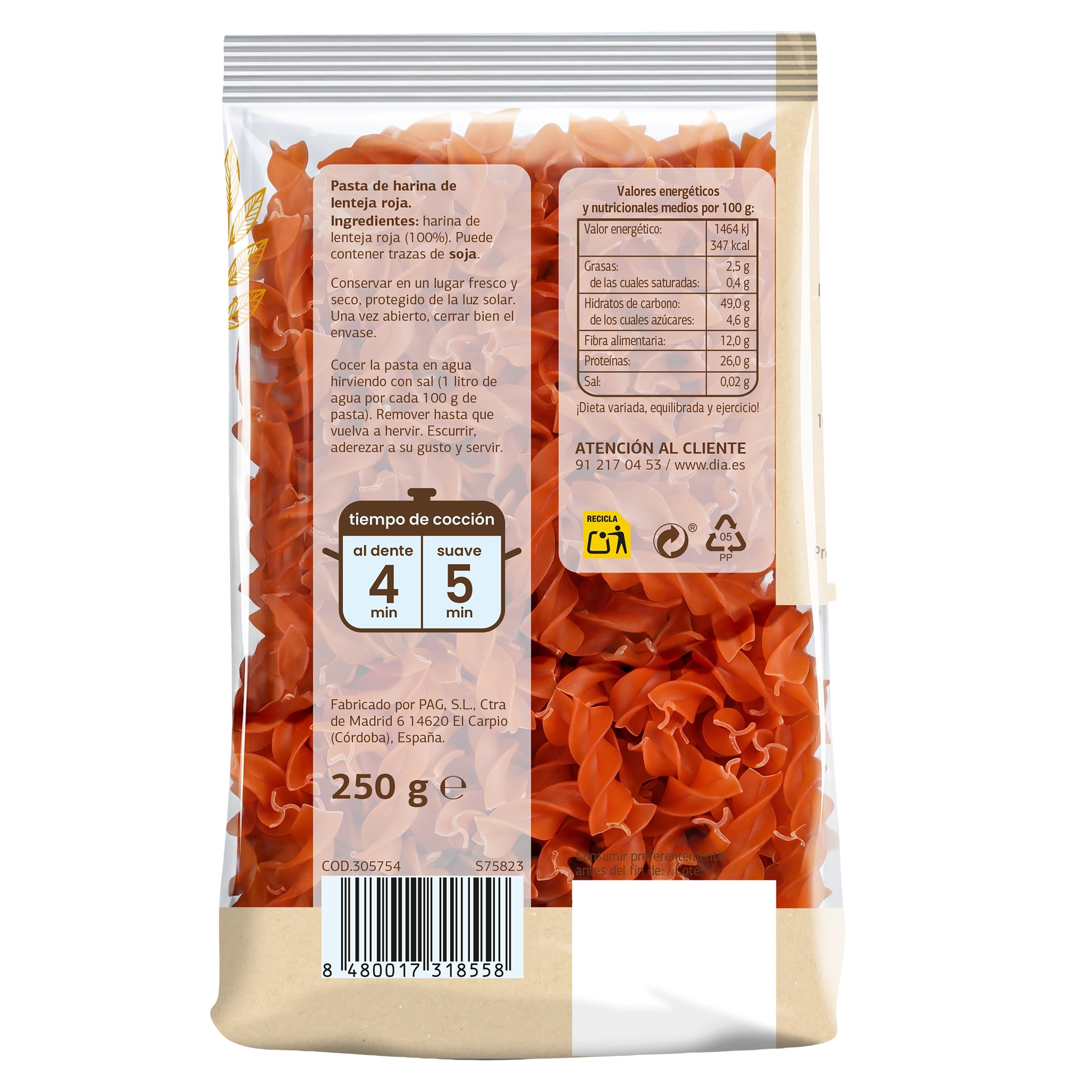 Espirales 100% de lenteja roja Dia Al Diante 250 g