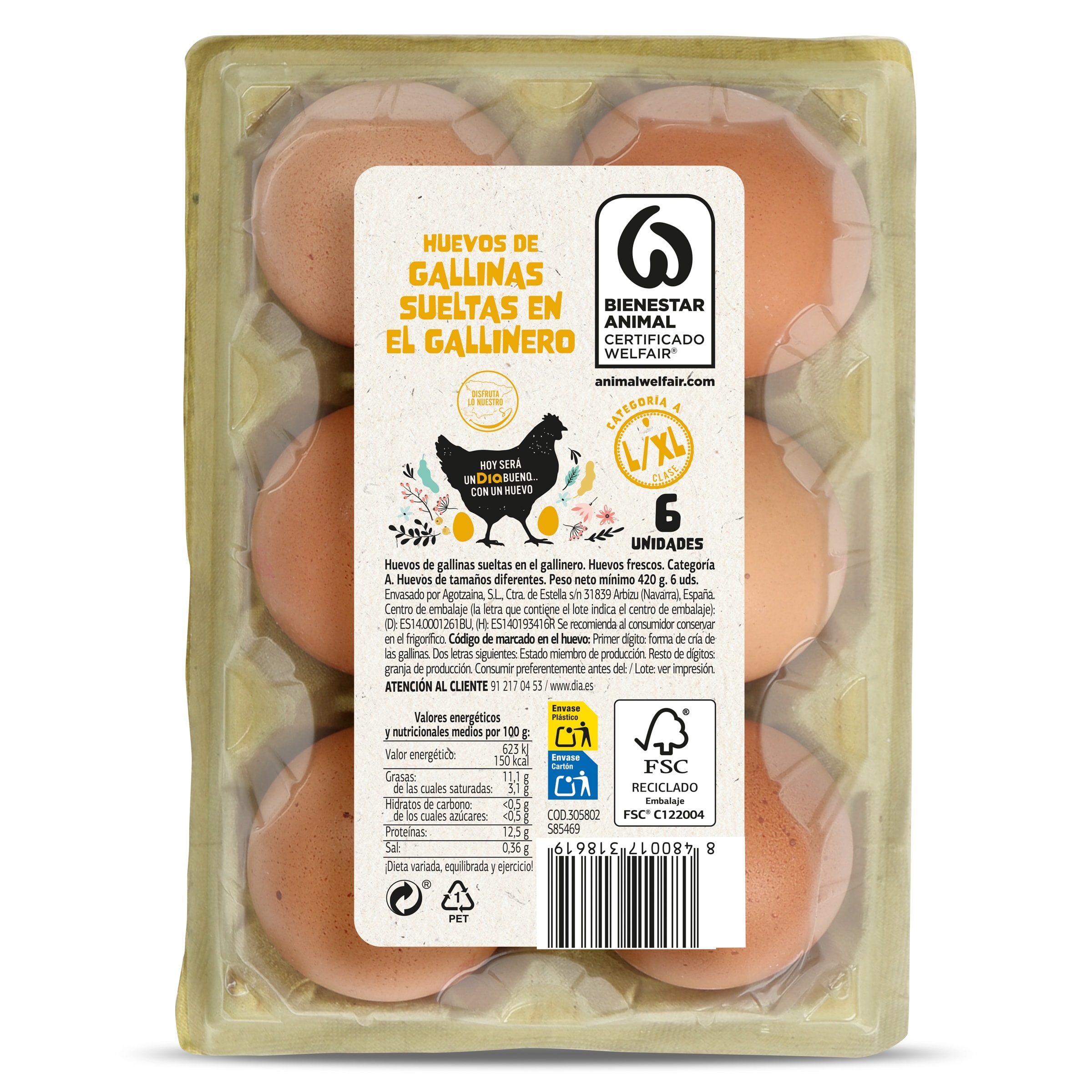 Huevos extragrandes L/XL de gallinas criadas en suelo Dia 6 unidades