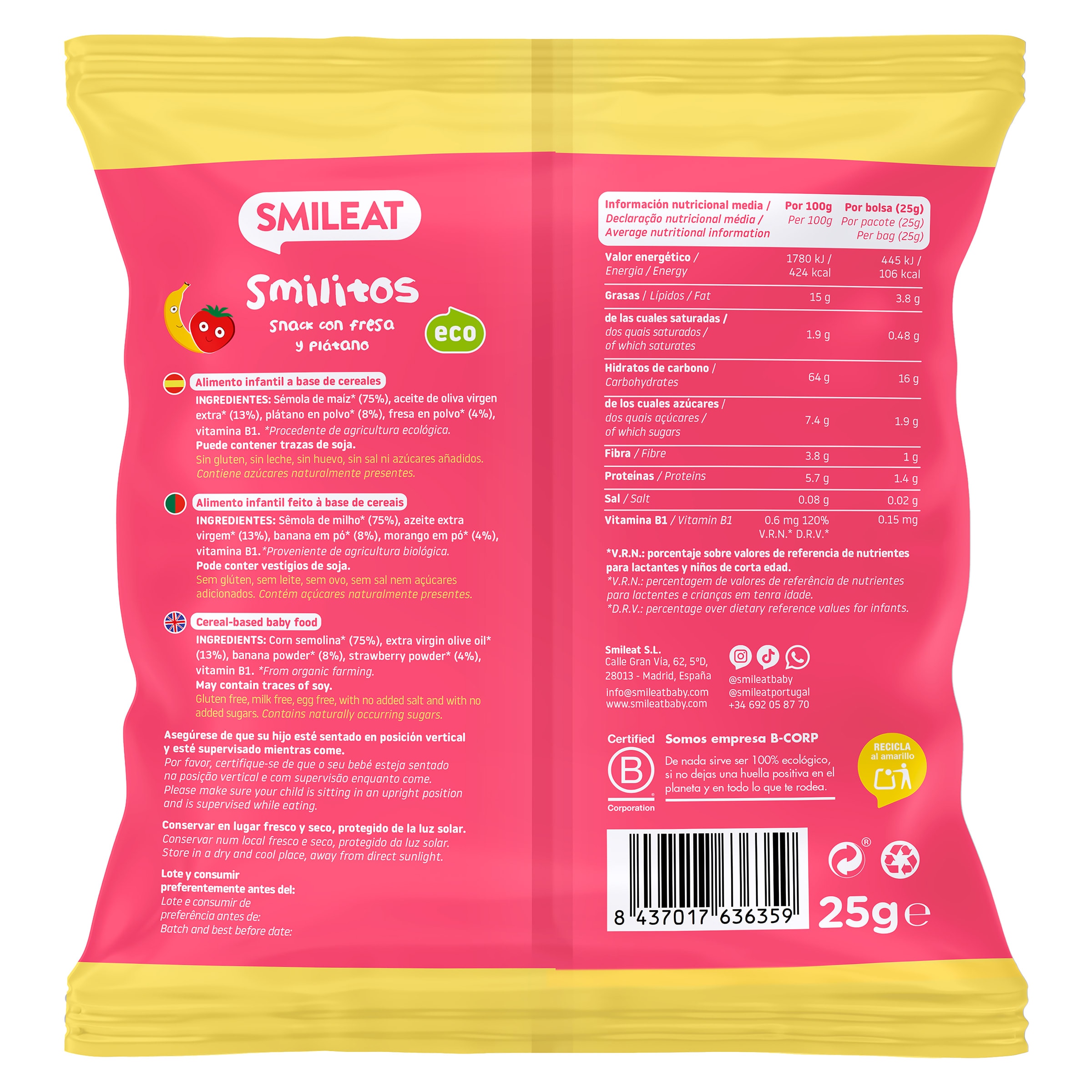 Snack infantil con fresa y plátano smilitos Smileat 25 g