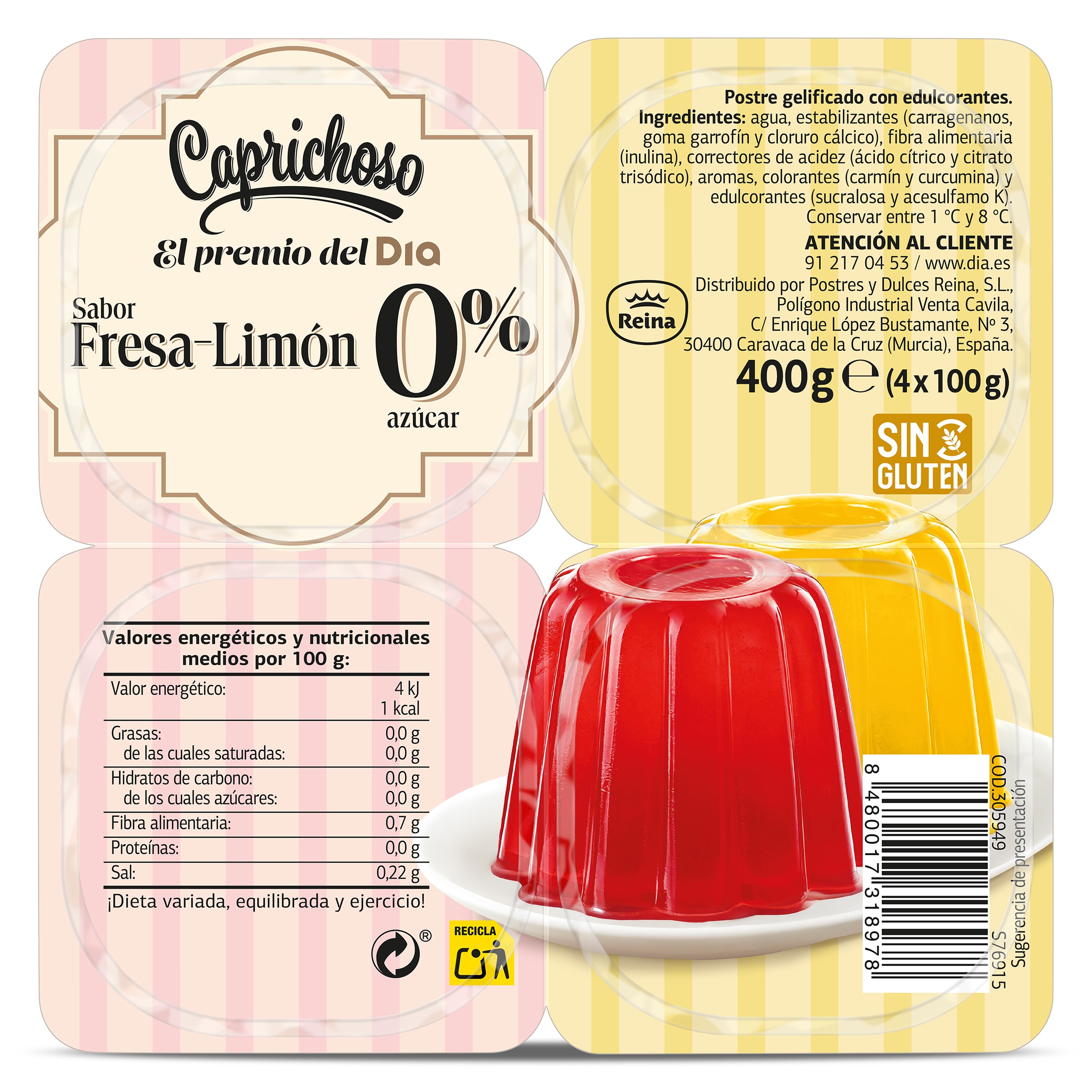 Postre gelificado sabor fresa y limón 0% Dia Caprichoso 4 x 100 g