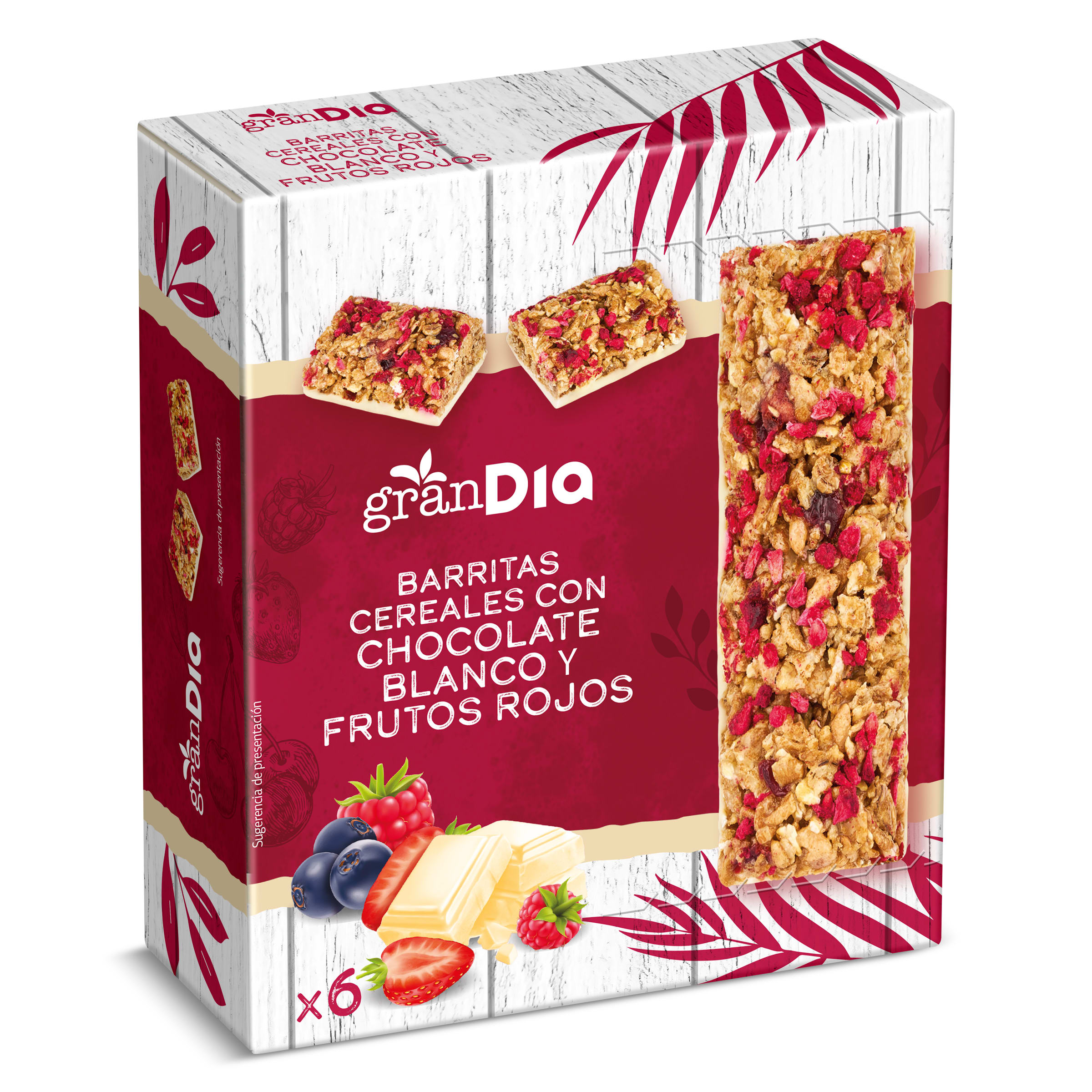 Barritas de cereales con chocolate blanco y frutos rojos Gran Dia caja 138 g