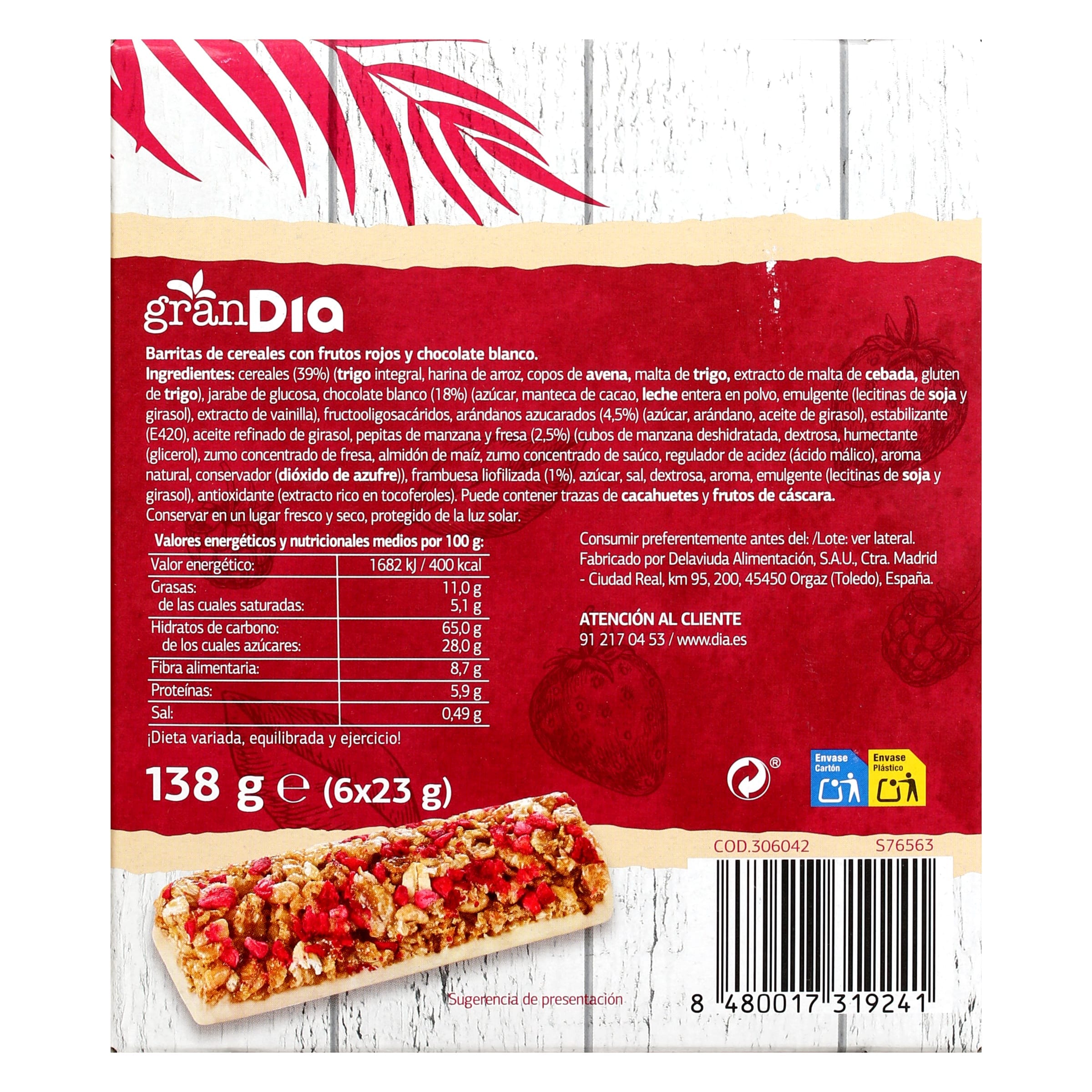 Barritas de cereales con chocolate blanco y frutos rojos Gran Dia 138 g