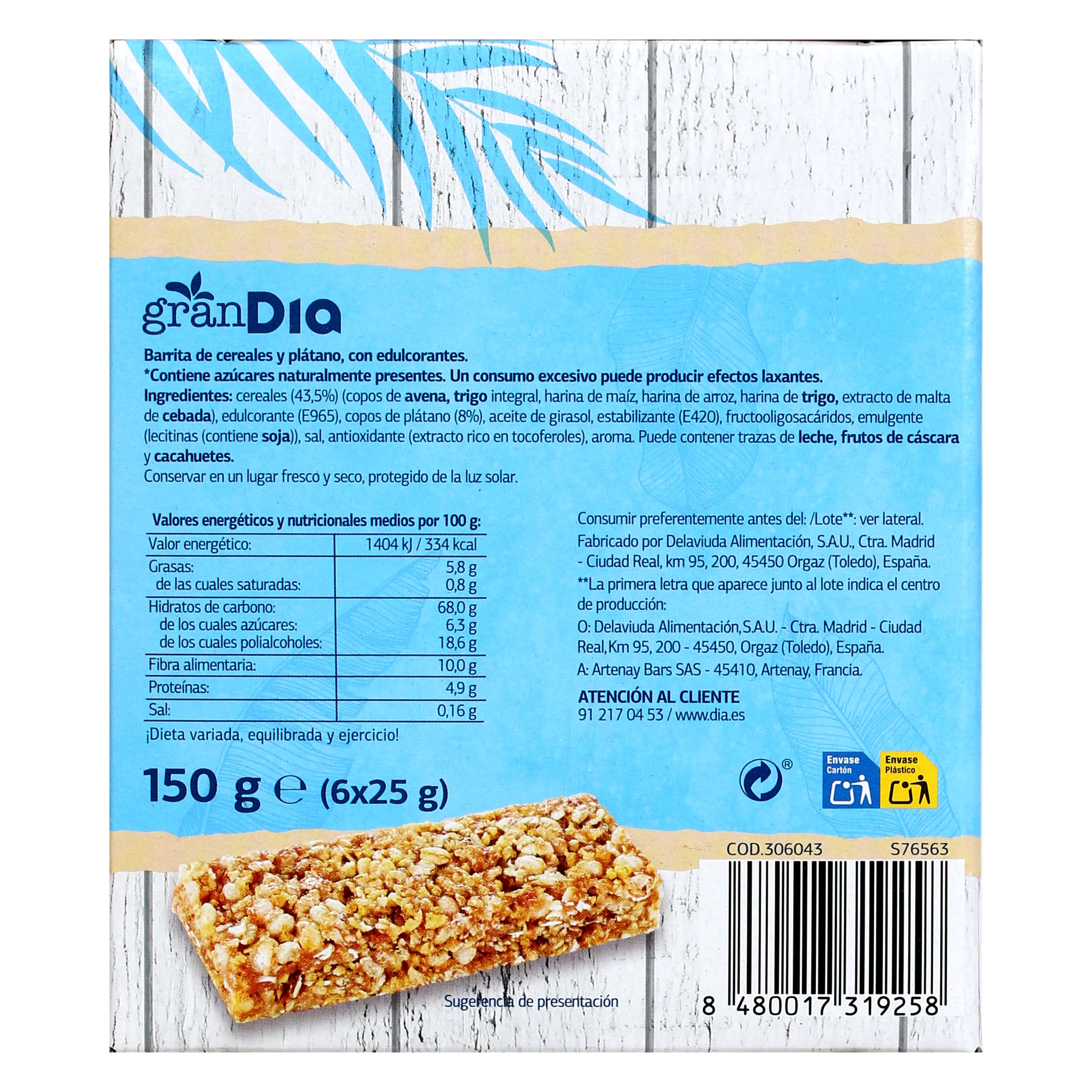 Barritas de cereales con plátano sin azúcares añadidos Gran Dia 150 g