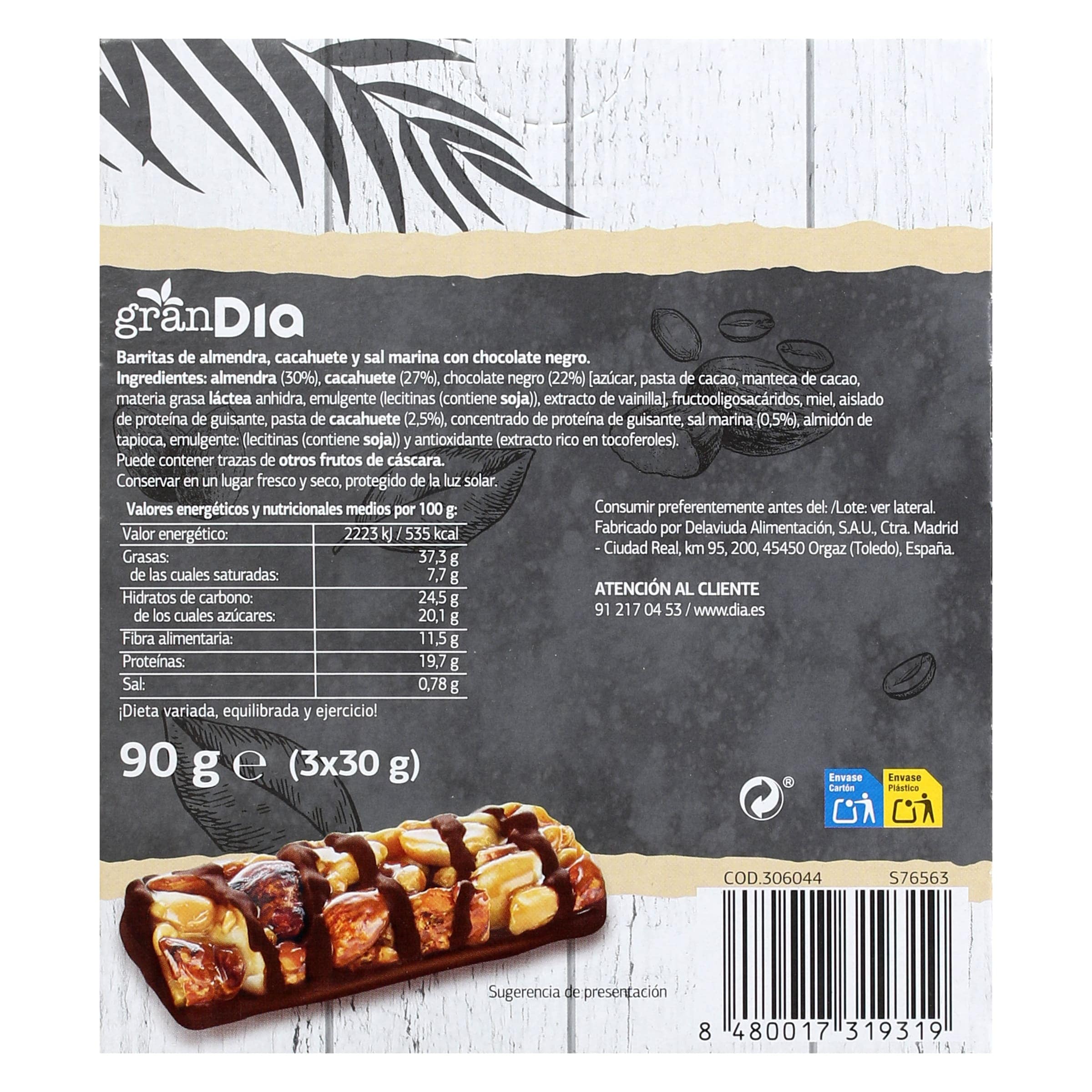 Barritas de frutos secos con chocolate y sal Gran Dia 90 g