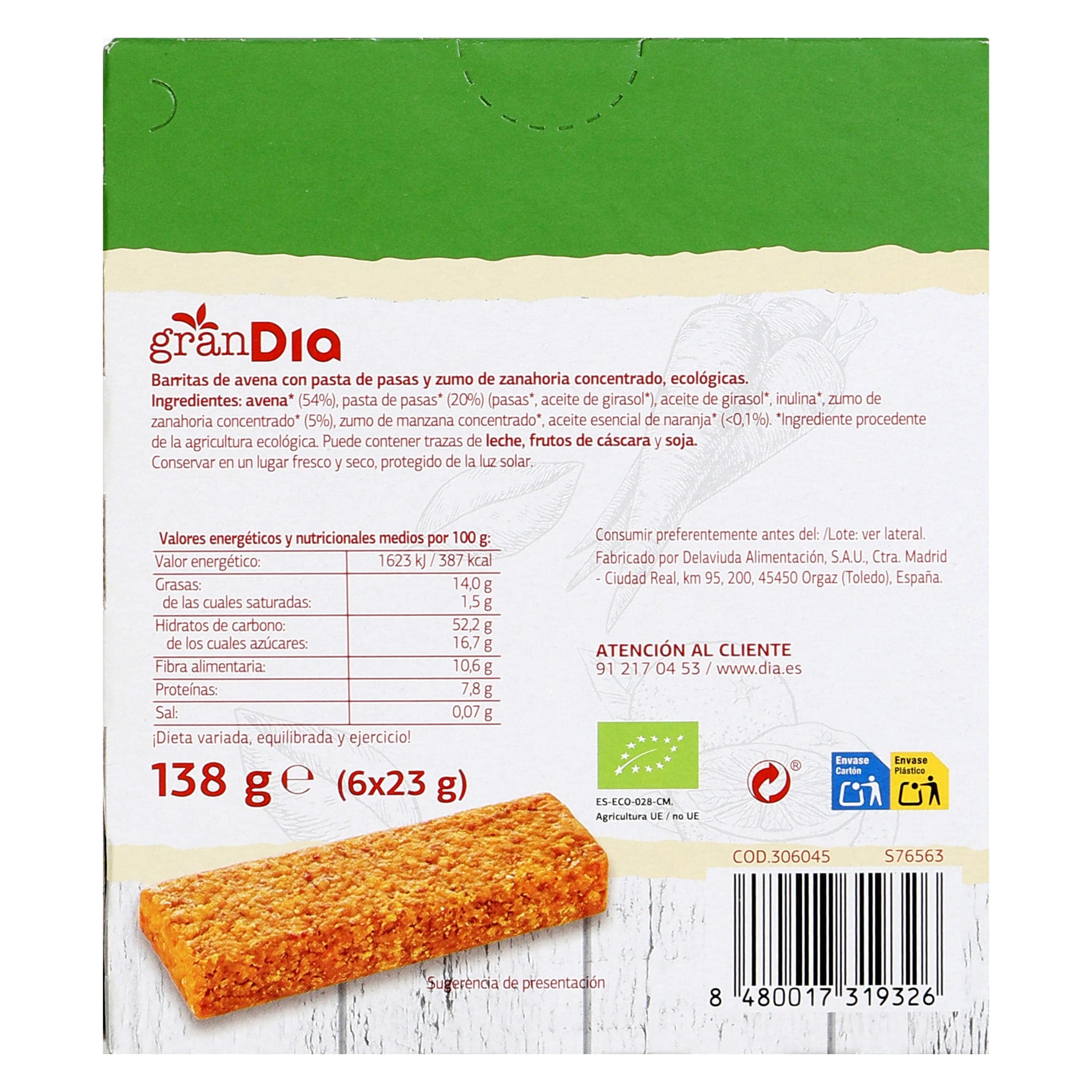 Barritas de avena y pasas con zanahoria y naranja Gran Dia 138 g