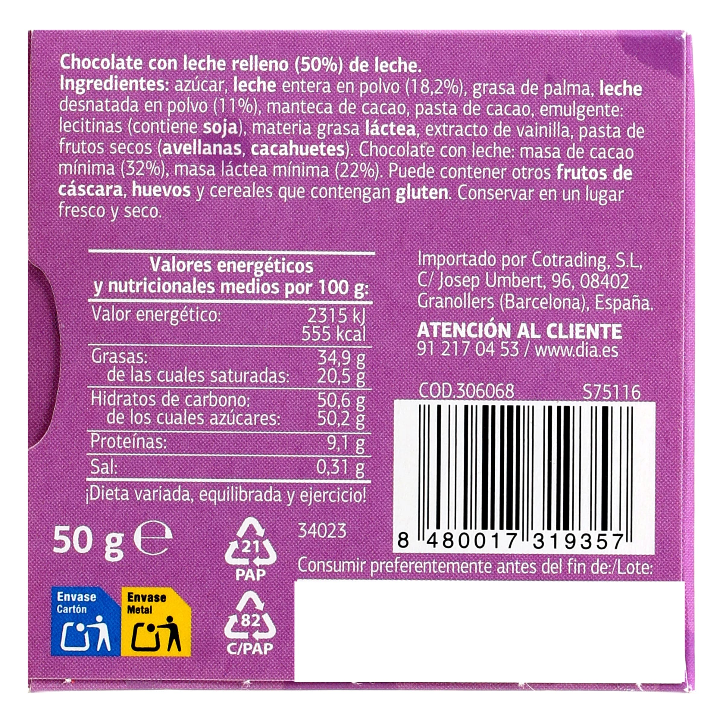 Mini barritas de chocolate con leche Dia Temptation 50 g