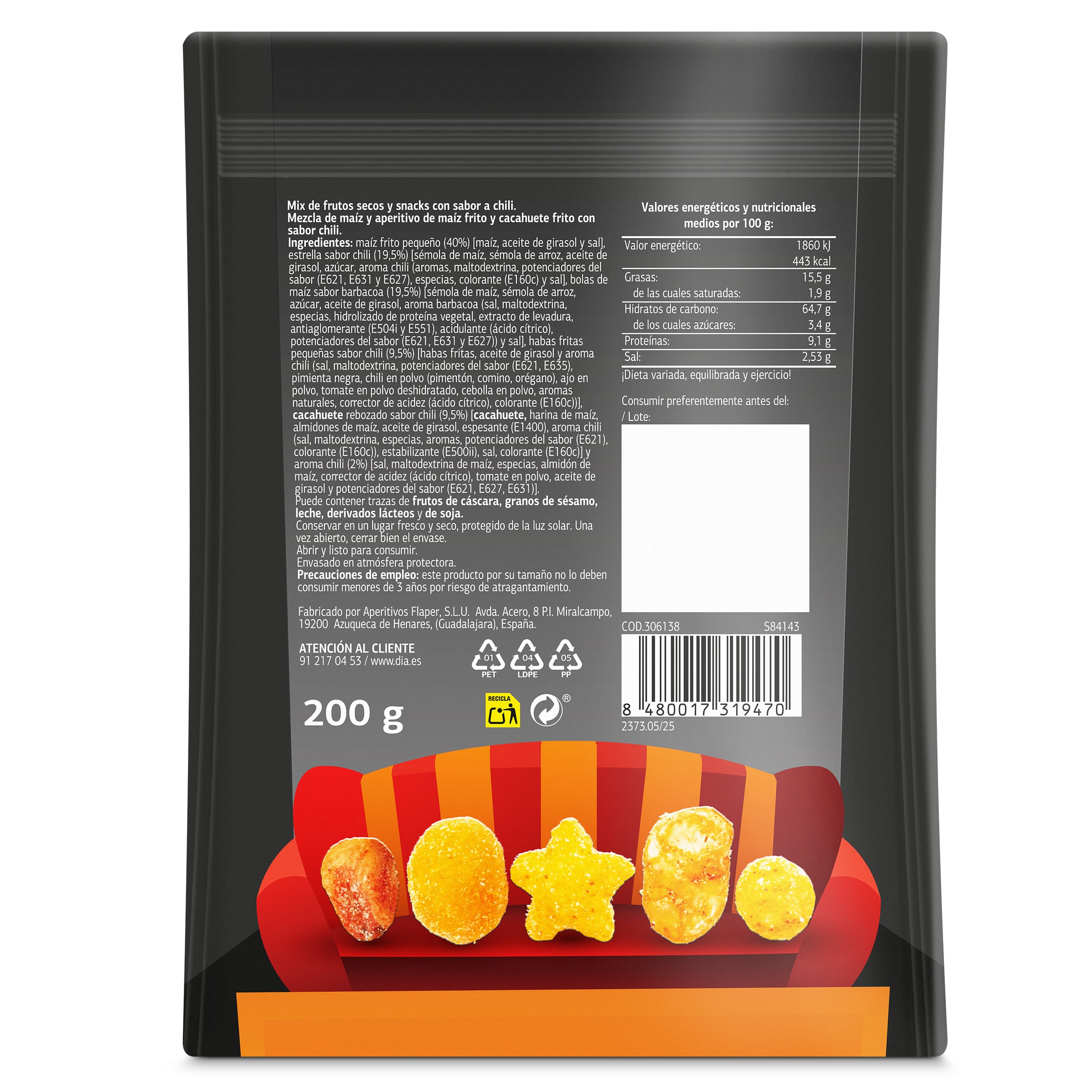 Mix de frutos secos sabor chili Dia Snack Maniac 200 g