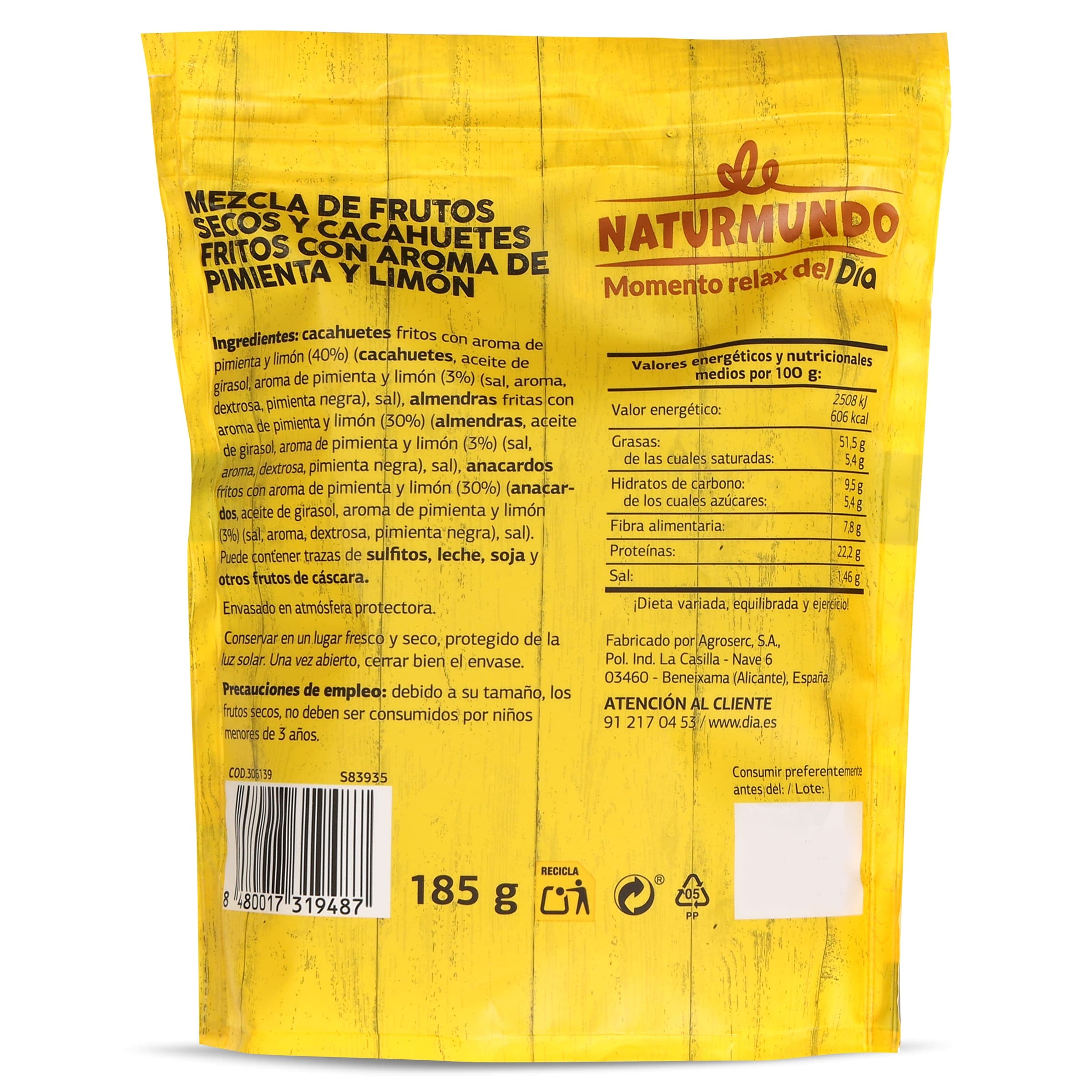 Mix de frutos secos sabor limón y pimienta Dia Naturmundo 185 g