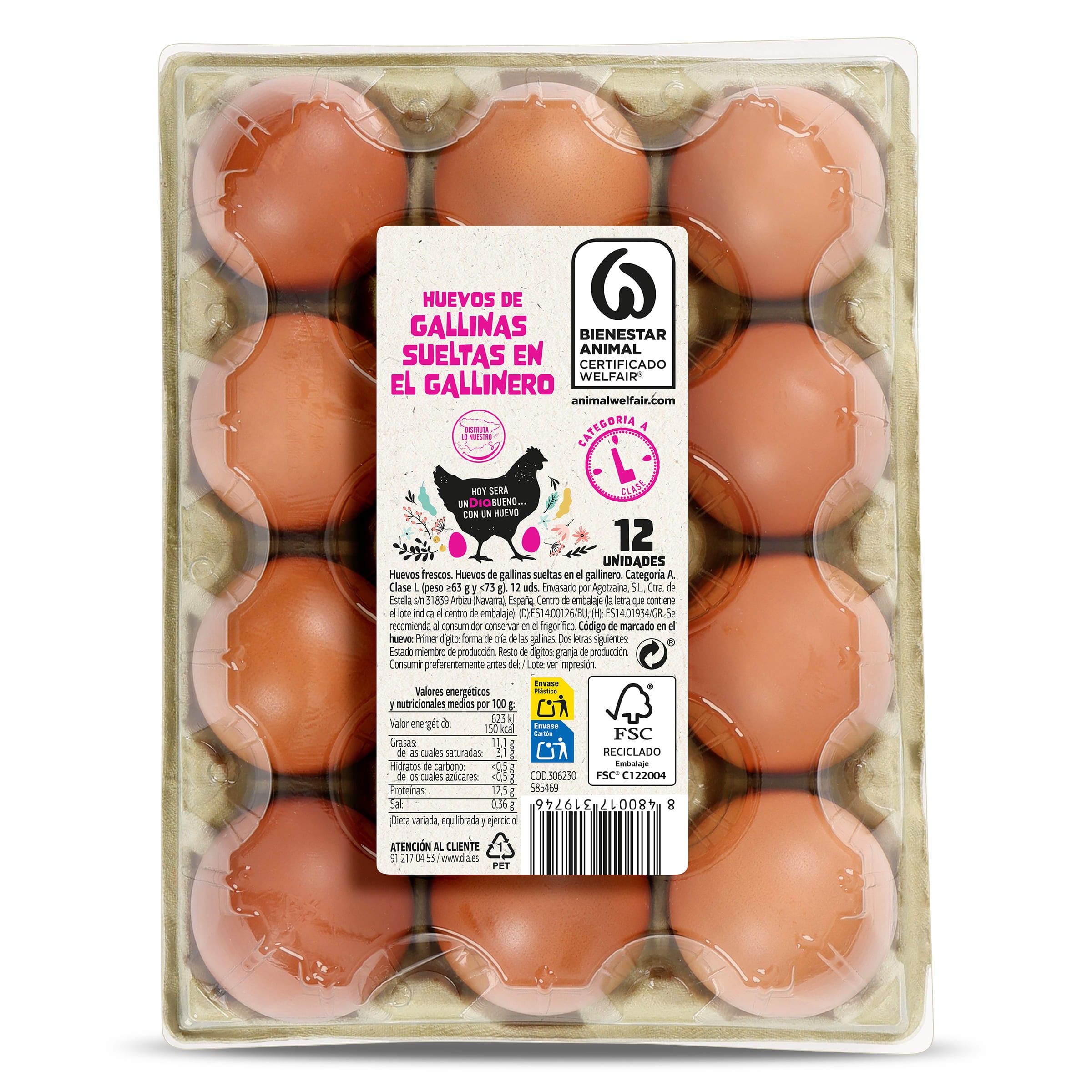 Huevos grandes L de gallinas criadas en suelo Dia 12 unidades