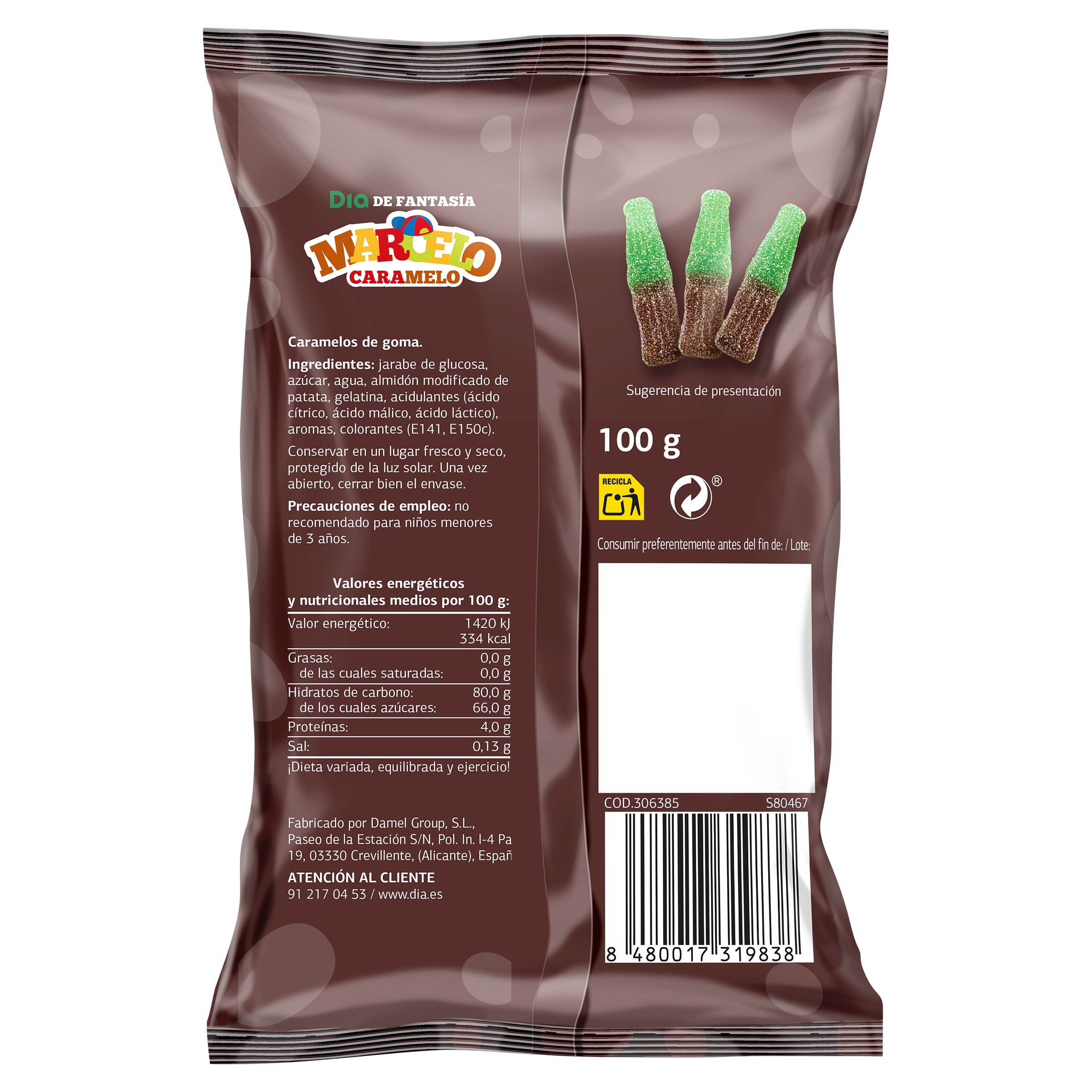 Golosinas botellas de cola Dia Marcelo Caramelo 100 g