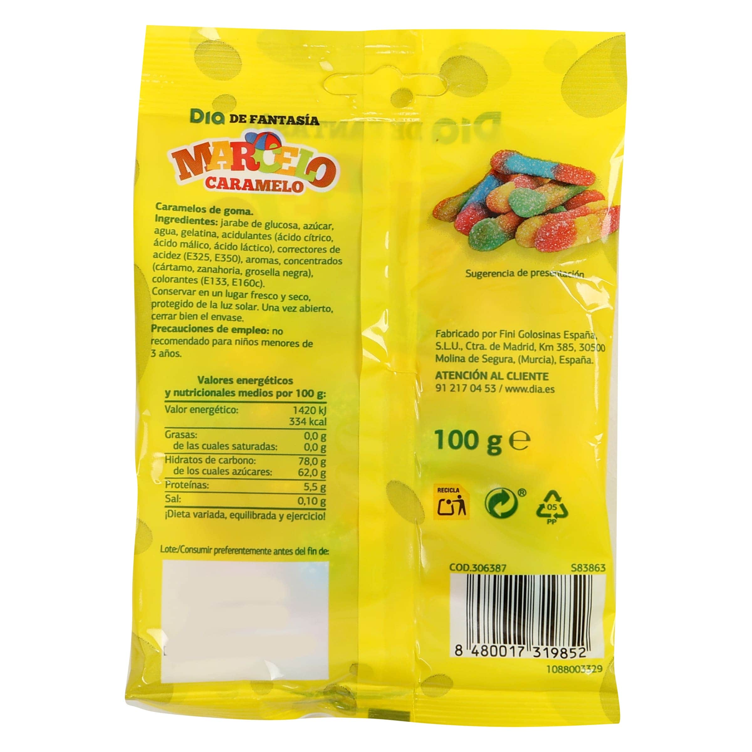 Golosinas gusanos pica Dia Marcelo Caramelo 100 g