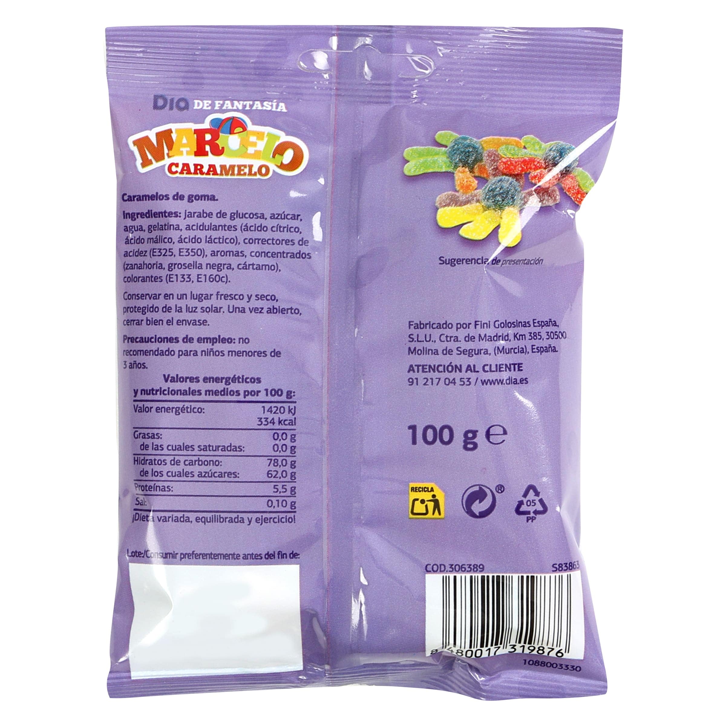 Golosinas pulpos pica Dia Marcelo Caramelo 100 g