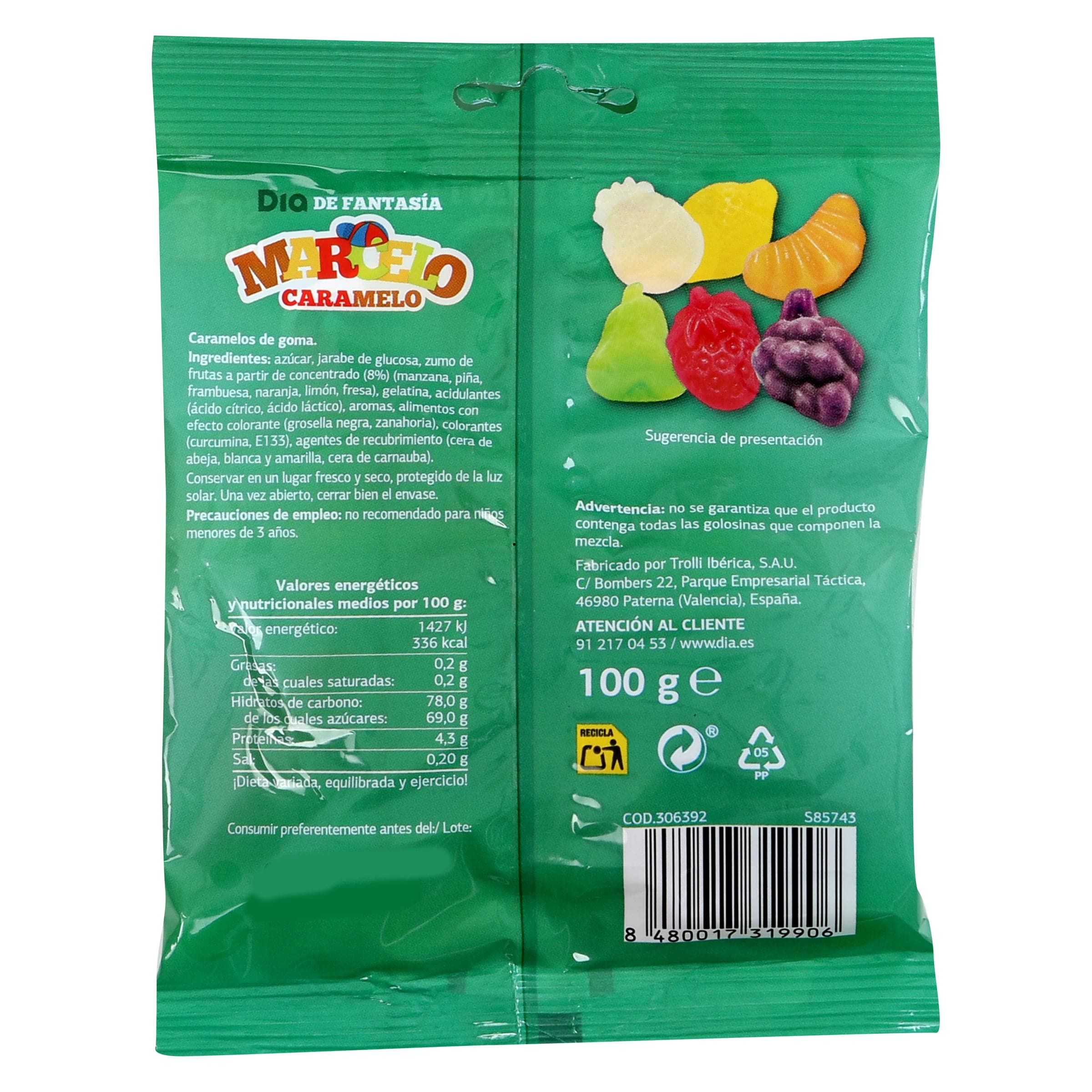Golosinas fruta tropical con 8% zumo Dia Marcelo Caramelo 100 g