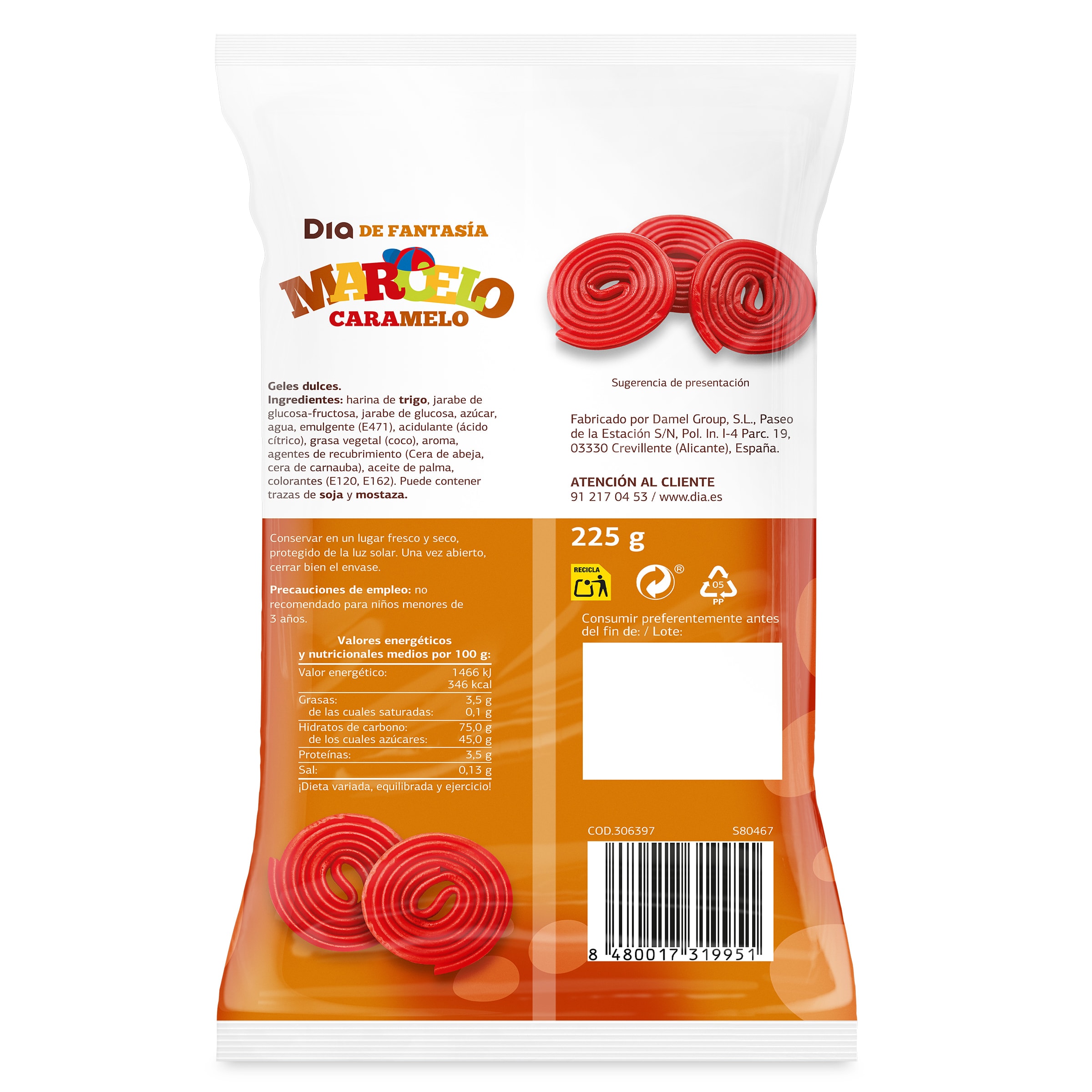Regaliz rueda rojo Dia Marcelo Caramelo 225 g
