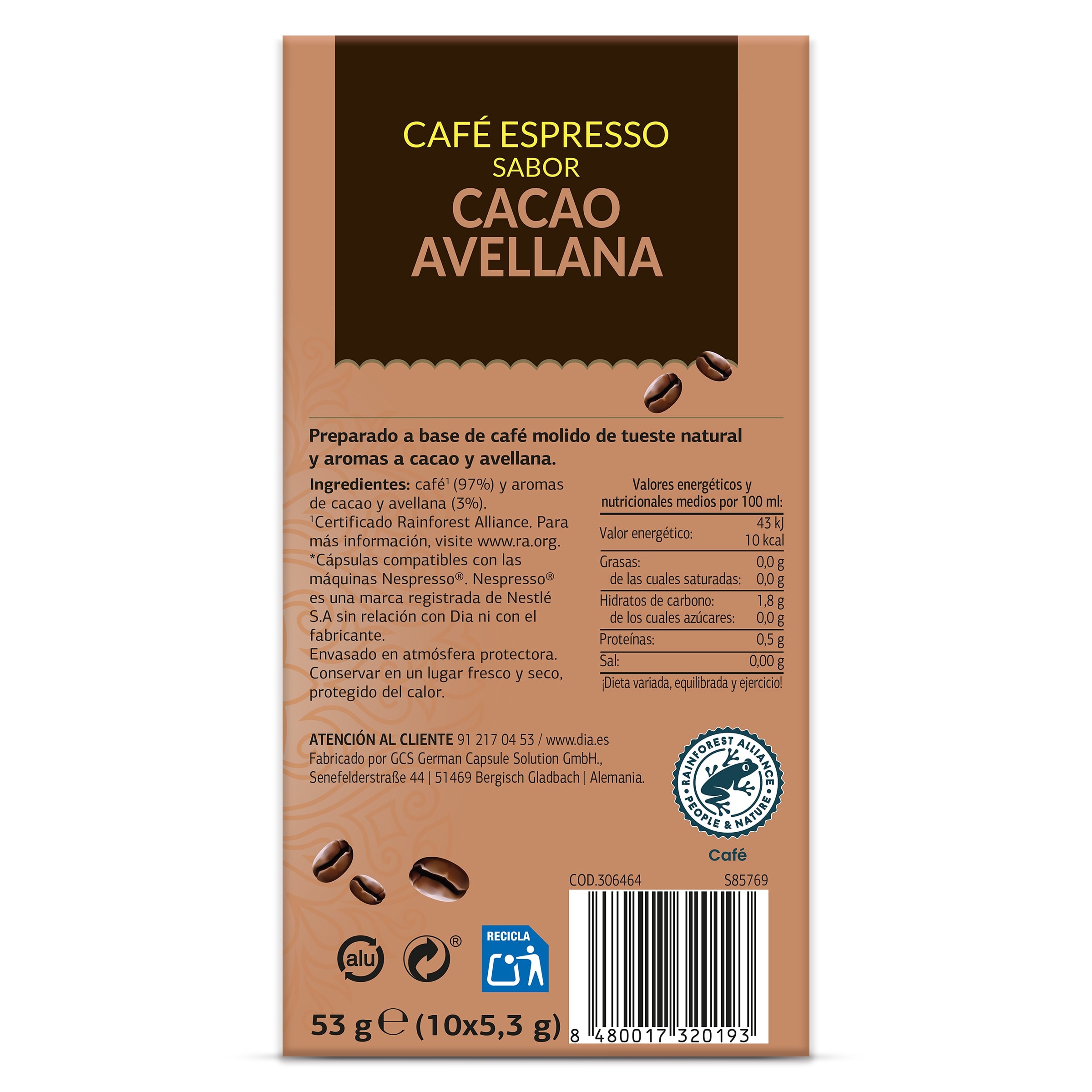 Cápsulas de café cocoa & hazelnut Dia Arom'arte 10 unidades