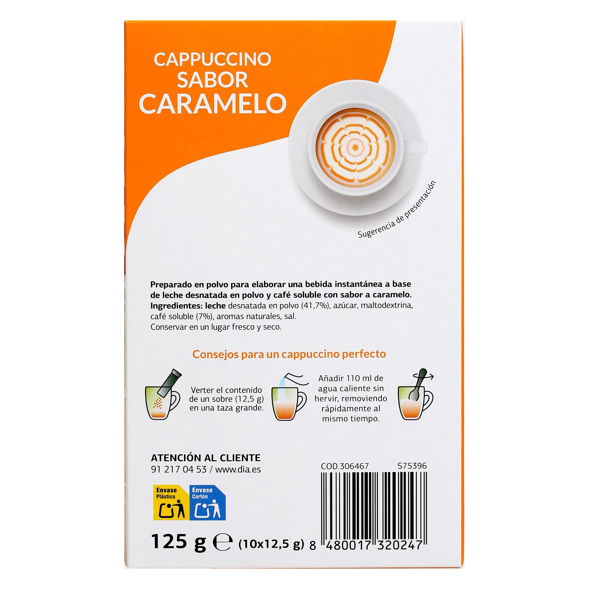 Café soluble cappuccino sabor caramelo en sobres Dia Cafetería 125 g