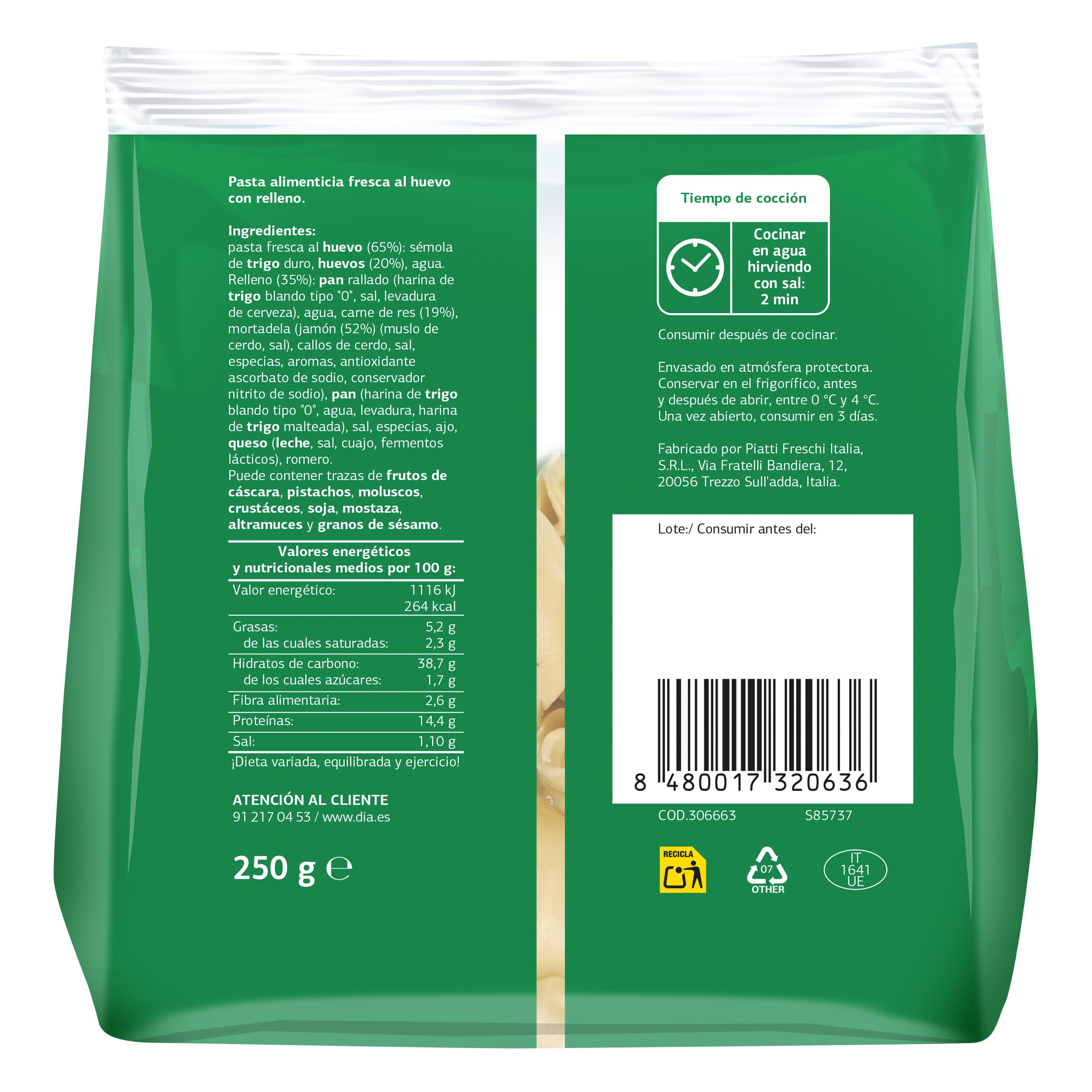 Pasta fresca Tortello rellena de carne Dia Selección Mundial 250 g