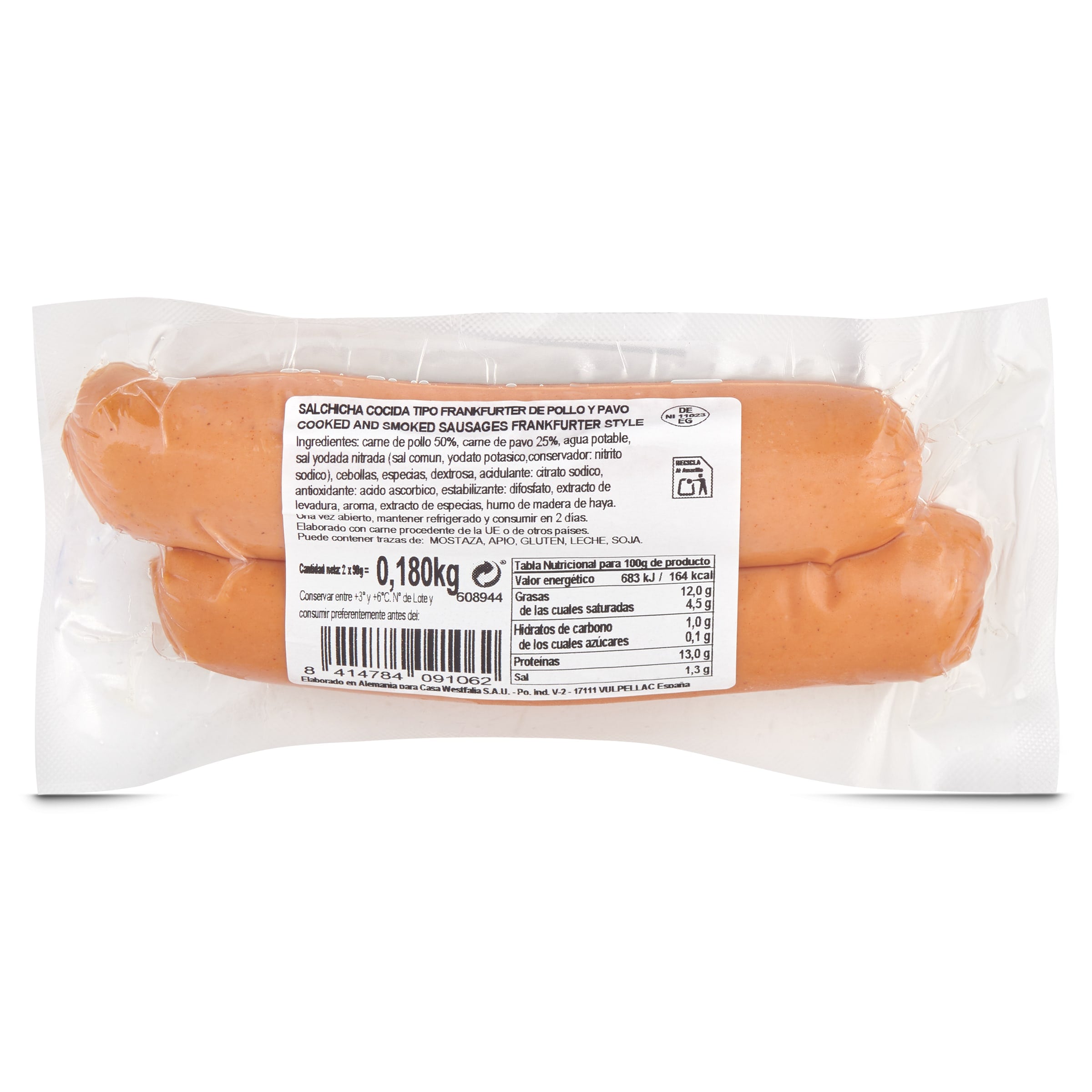 Salchichas Frankfurt 75% pollo y pavo Casa westfalia 180 g