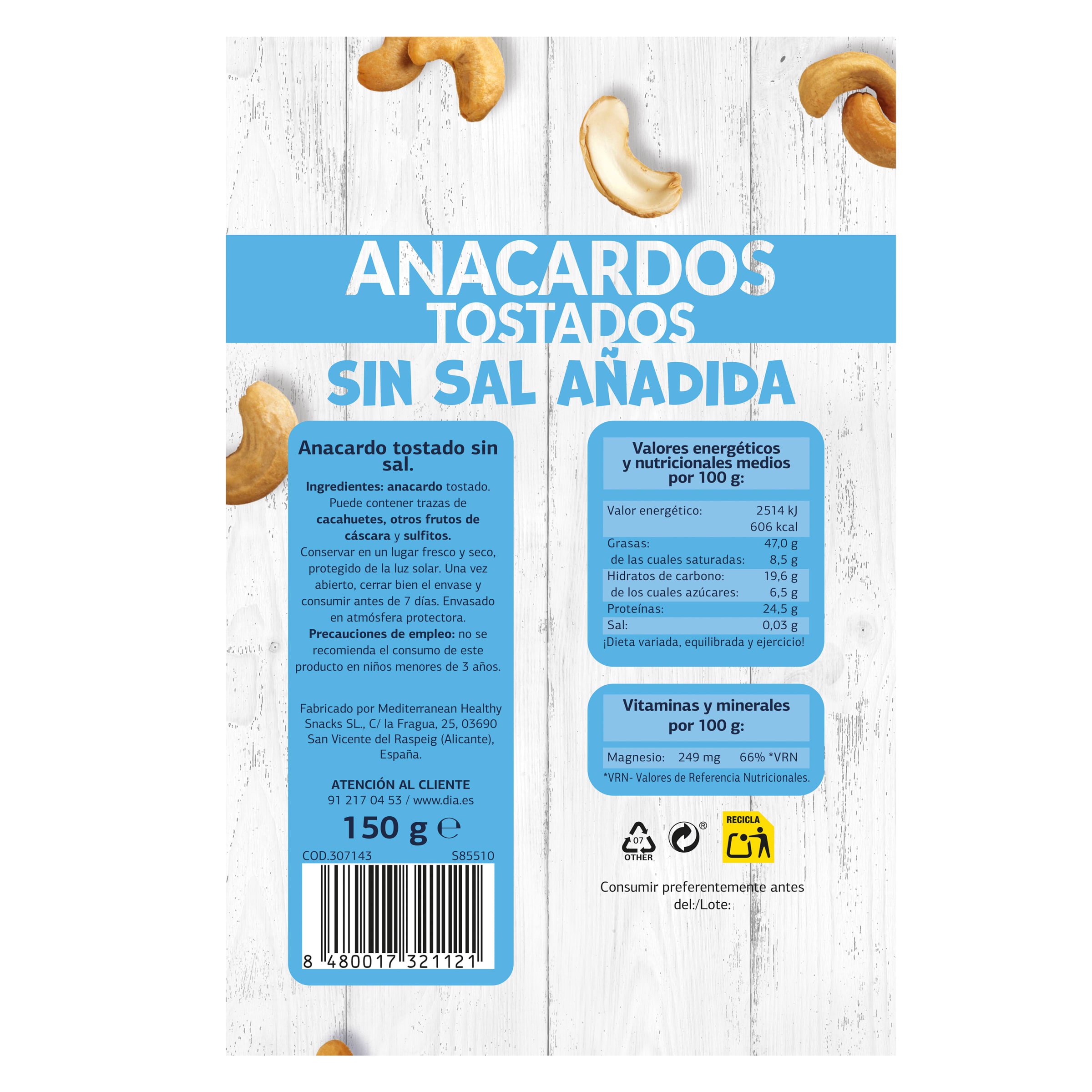 Anacardos tostados sin sal añadida Dia Naturmundo 150 g