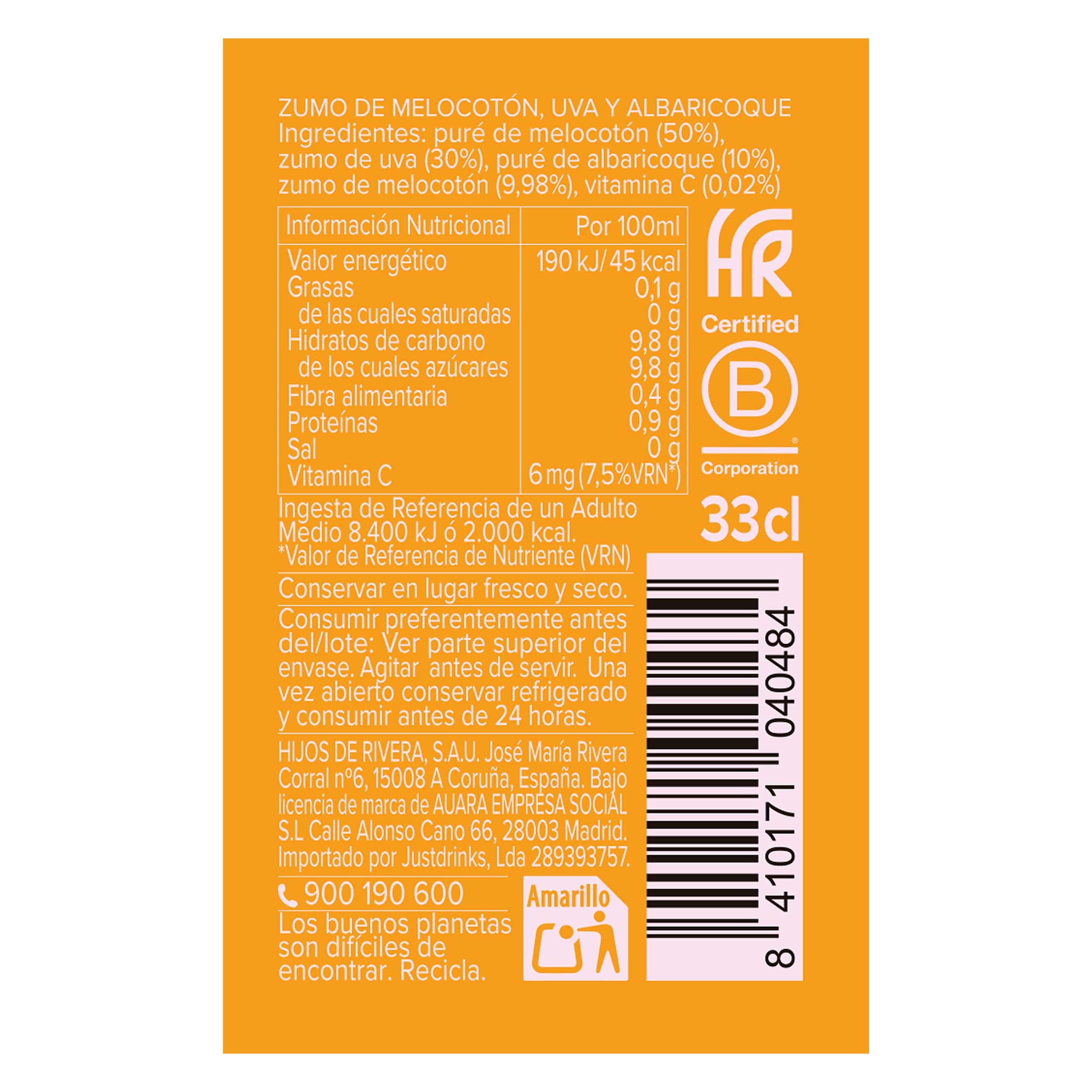 Zumo de melocotón 100% exprimido Auara 330 ml