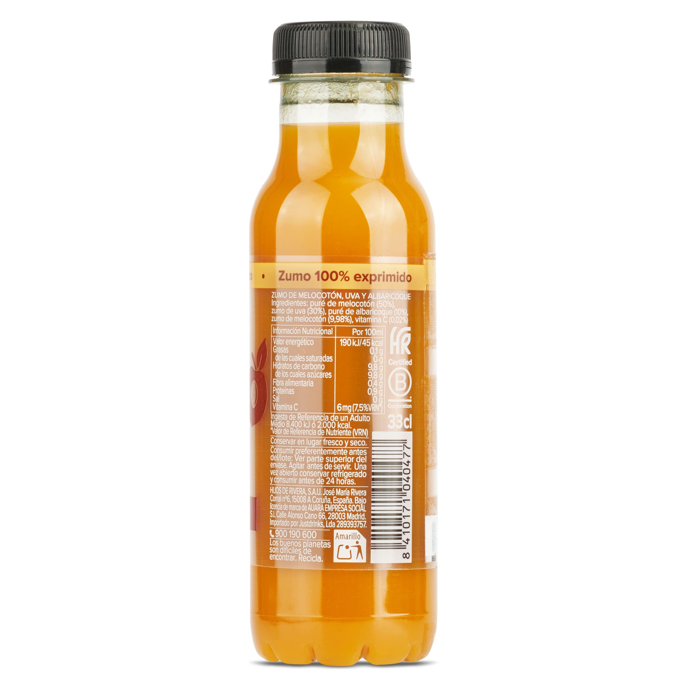Zumo de melocotón 100% exprimido Auara 330 ml