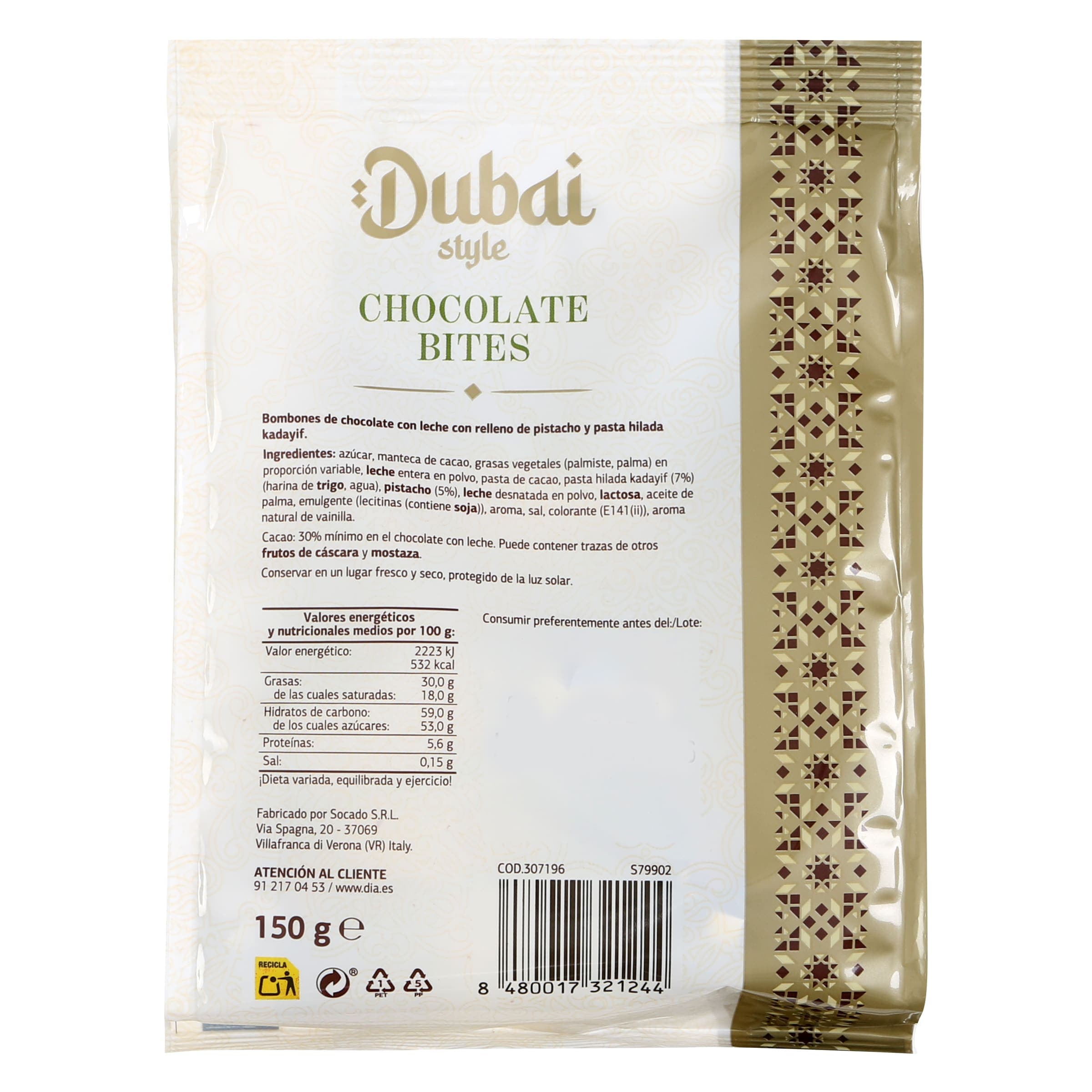 Bombones de chocolate con pistacho estilo Dubai Dia Temptation 150 g