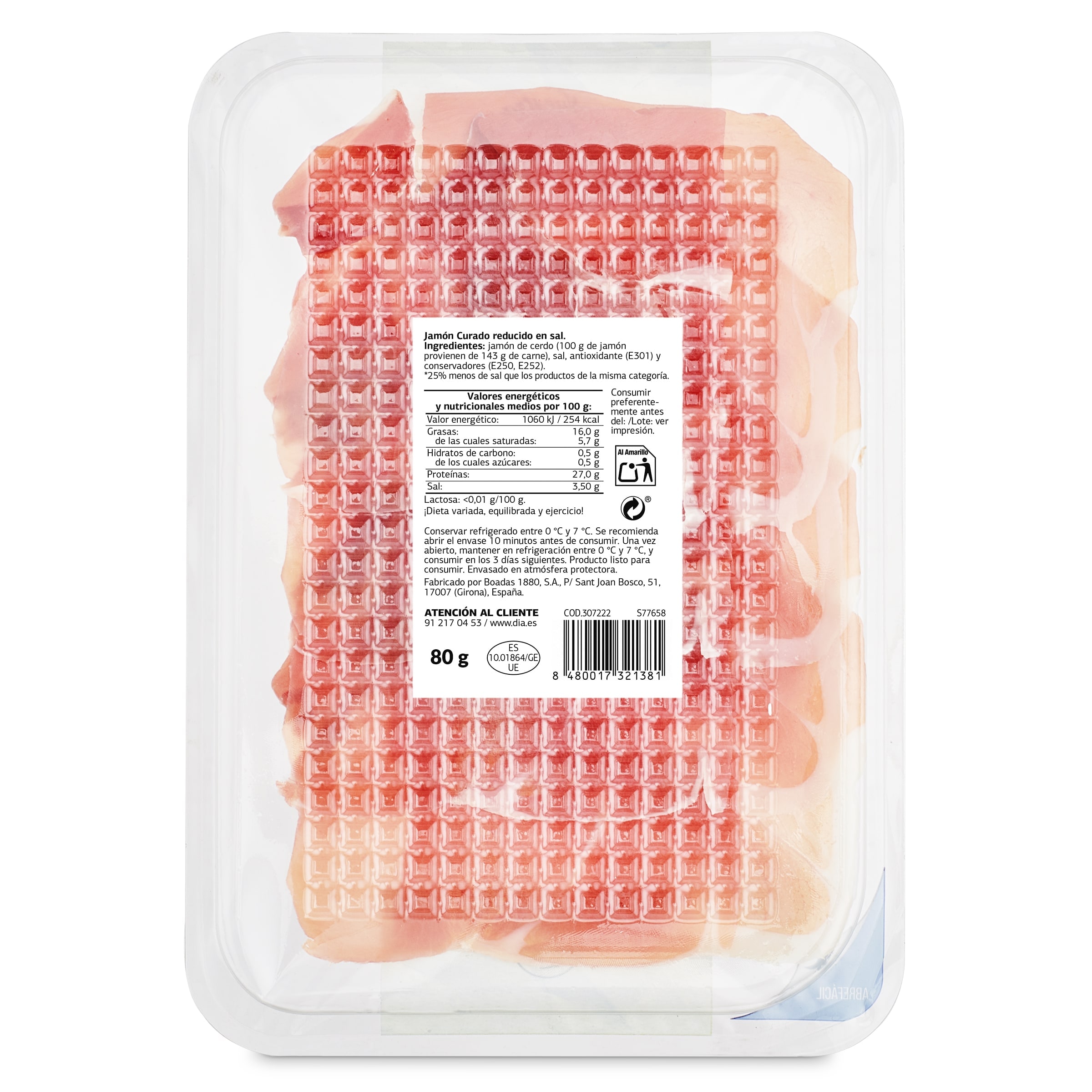 Jamón curado reducido de sal Dia Nuestra Alacena 80 g