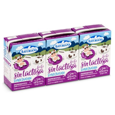 Leche semidesnatada sin lactosa Central Lechera Asturiana brik 3 x 200 ml-0