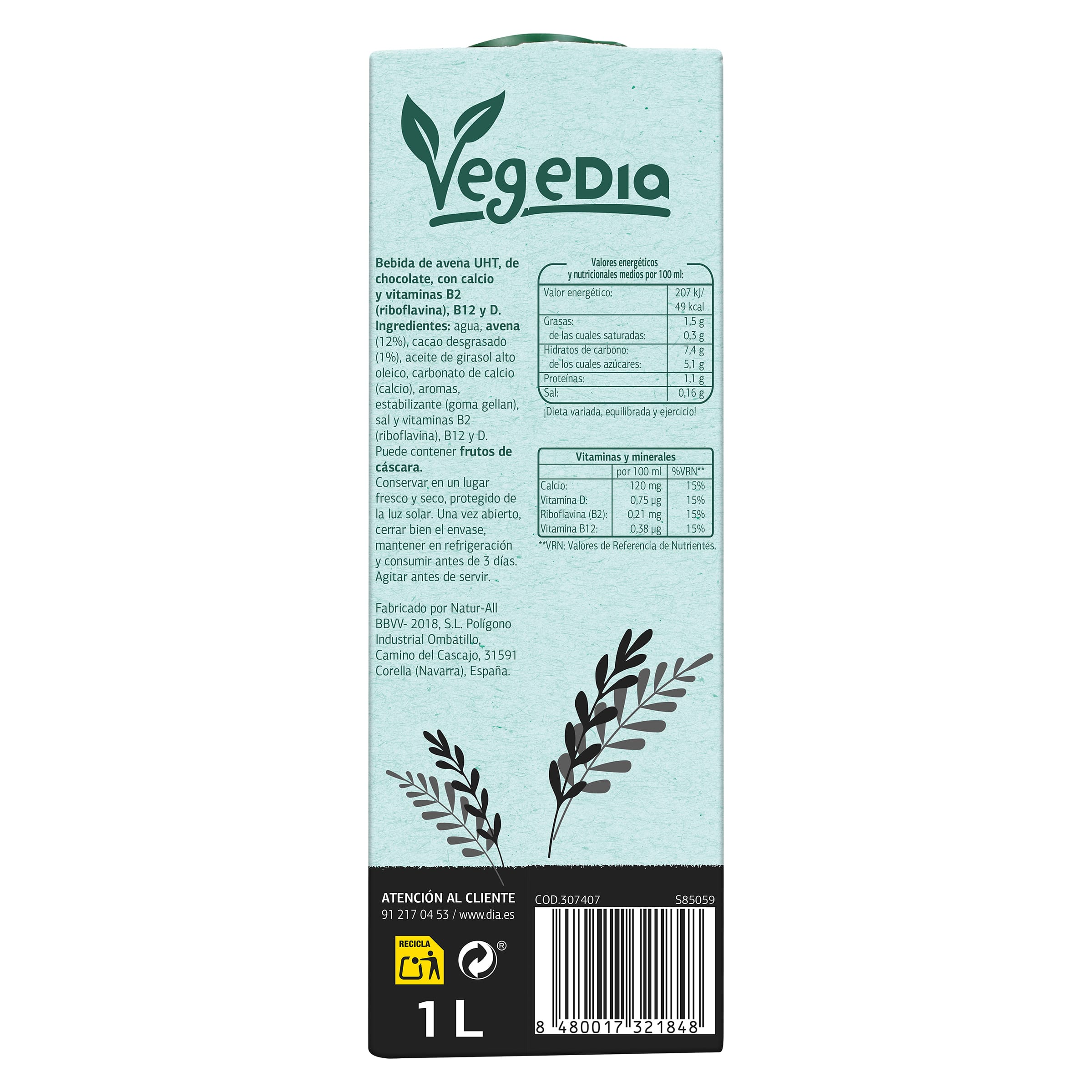 Bebida de avena con cacao Dia Vegedia 1 L
