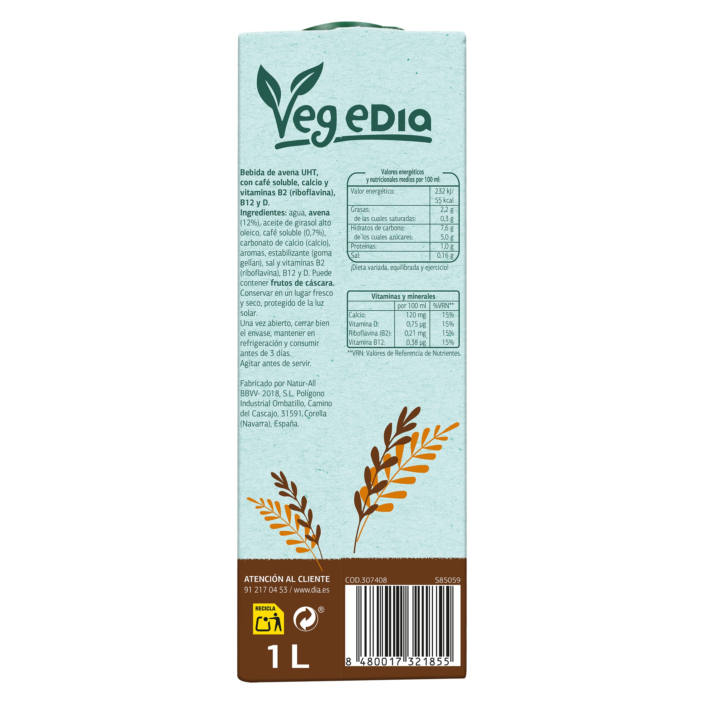 Bebida de avena con café Dia Vegedia 1 L