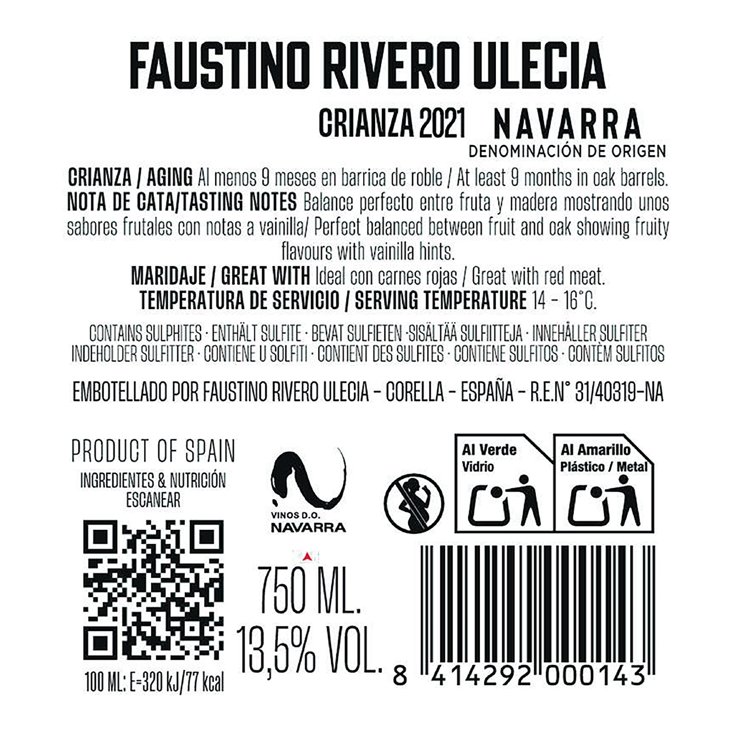 Vino tinto crianza D.O. Navarra Faustino Rivero 75 cl