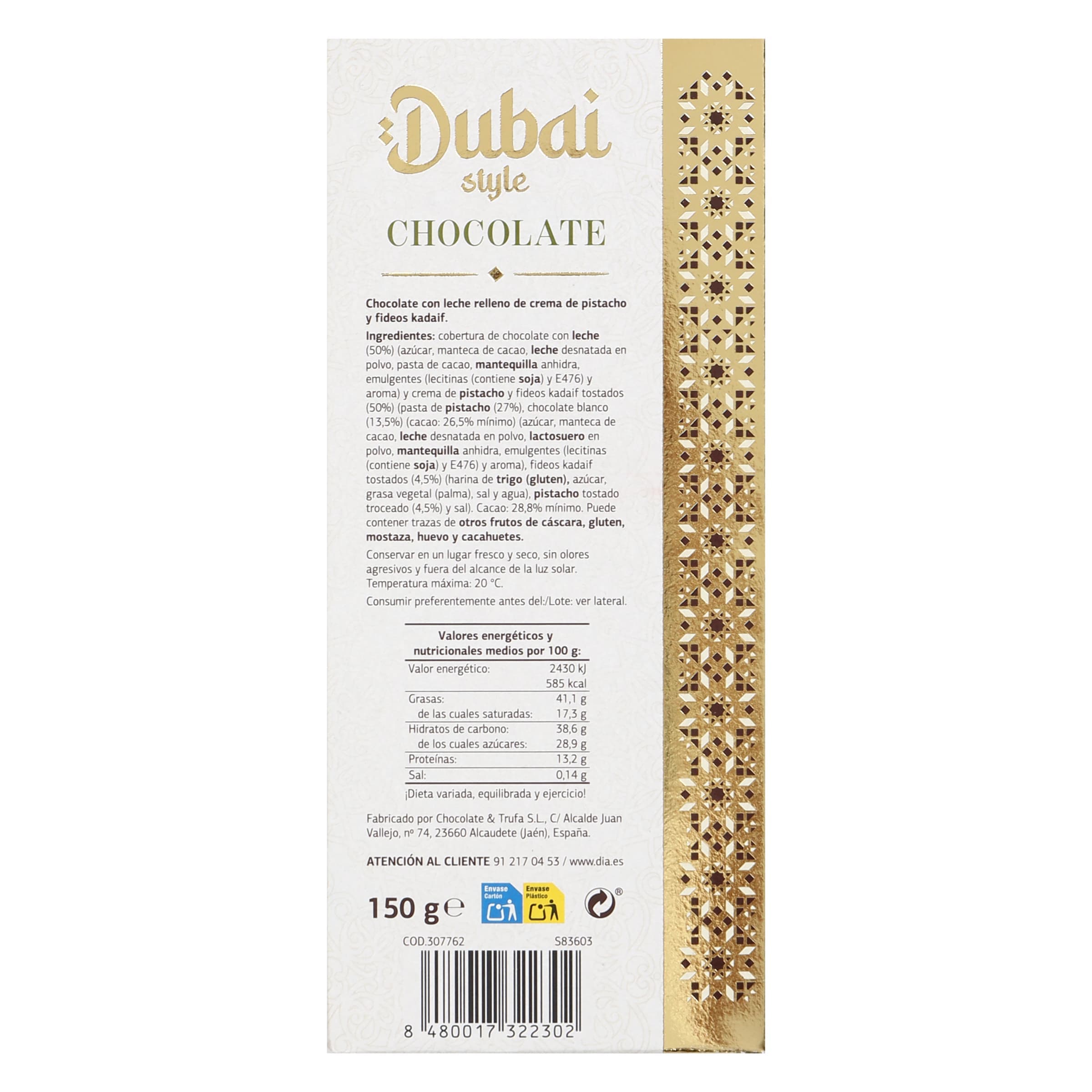 Chocolate con pistacho estilo Dubai Dia Temptation 150 g