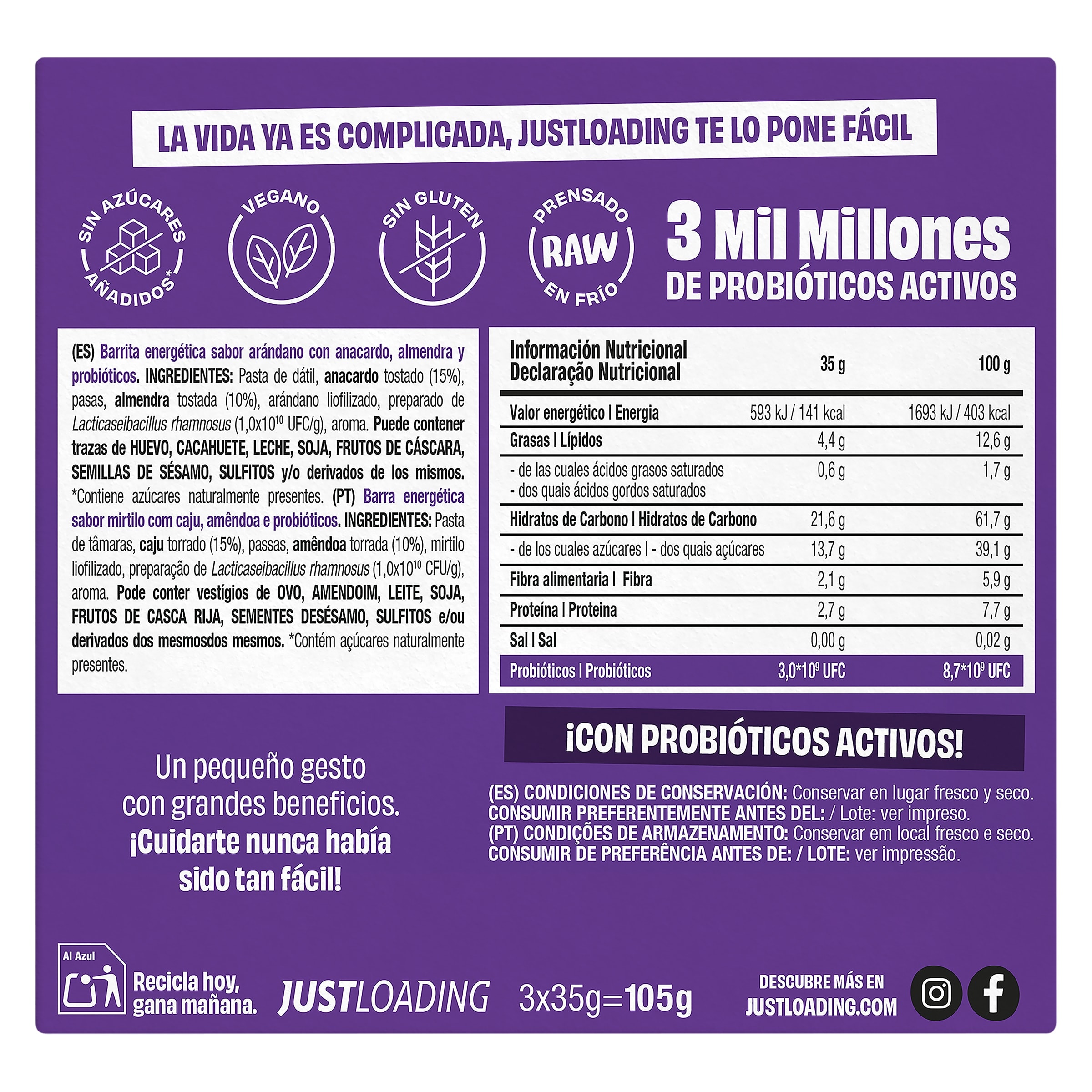 Barritas energéticas sabor muffin de arándanos con probióticos Just loading 105 g