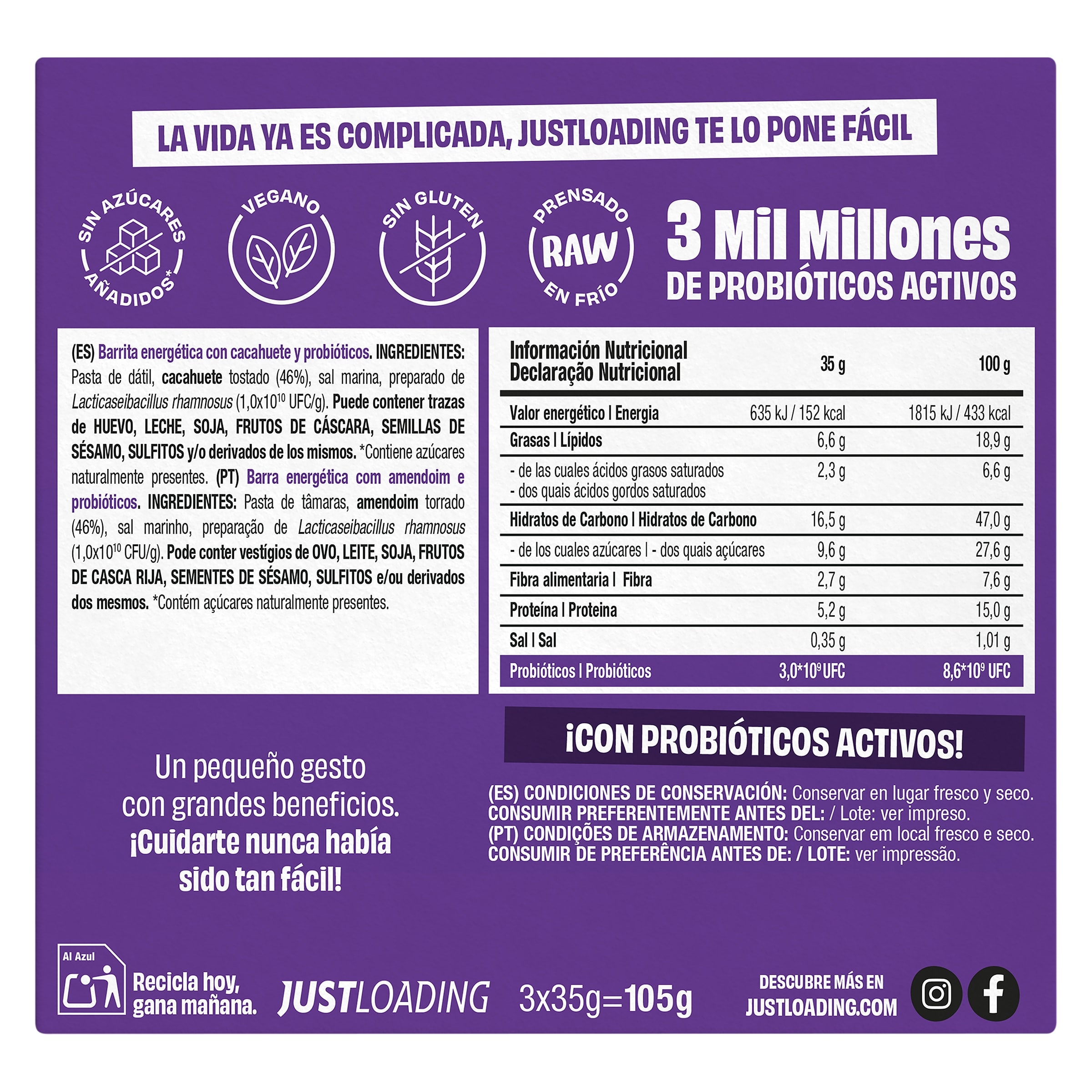 Barritas energéticas sabor cacahuete con probióticos Just loading 105 g