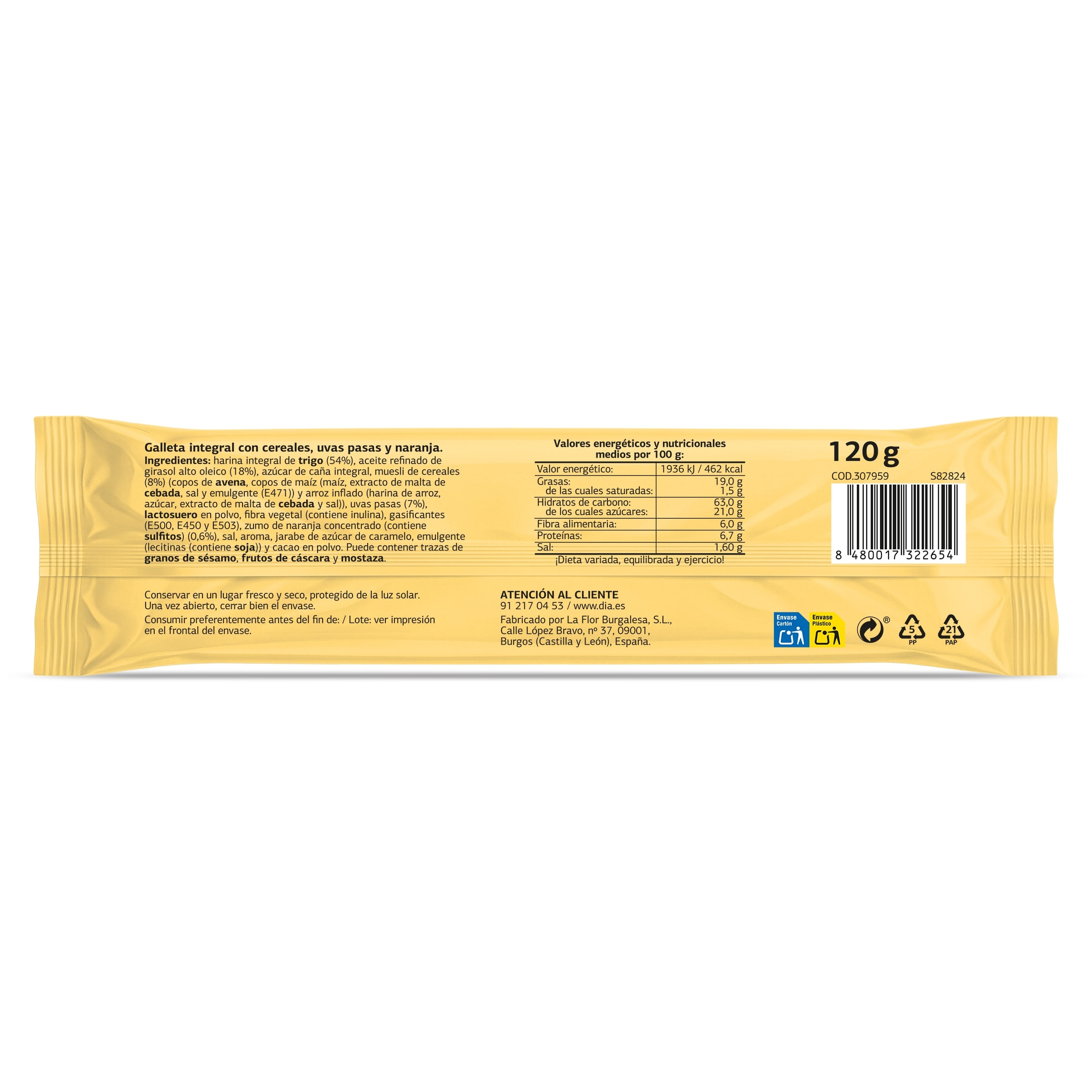 Galletas integrales muesli, naranja y pasas Galleteca de Dia 120 g