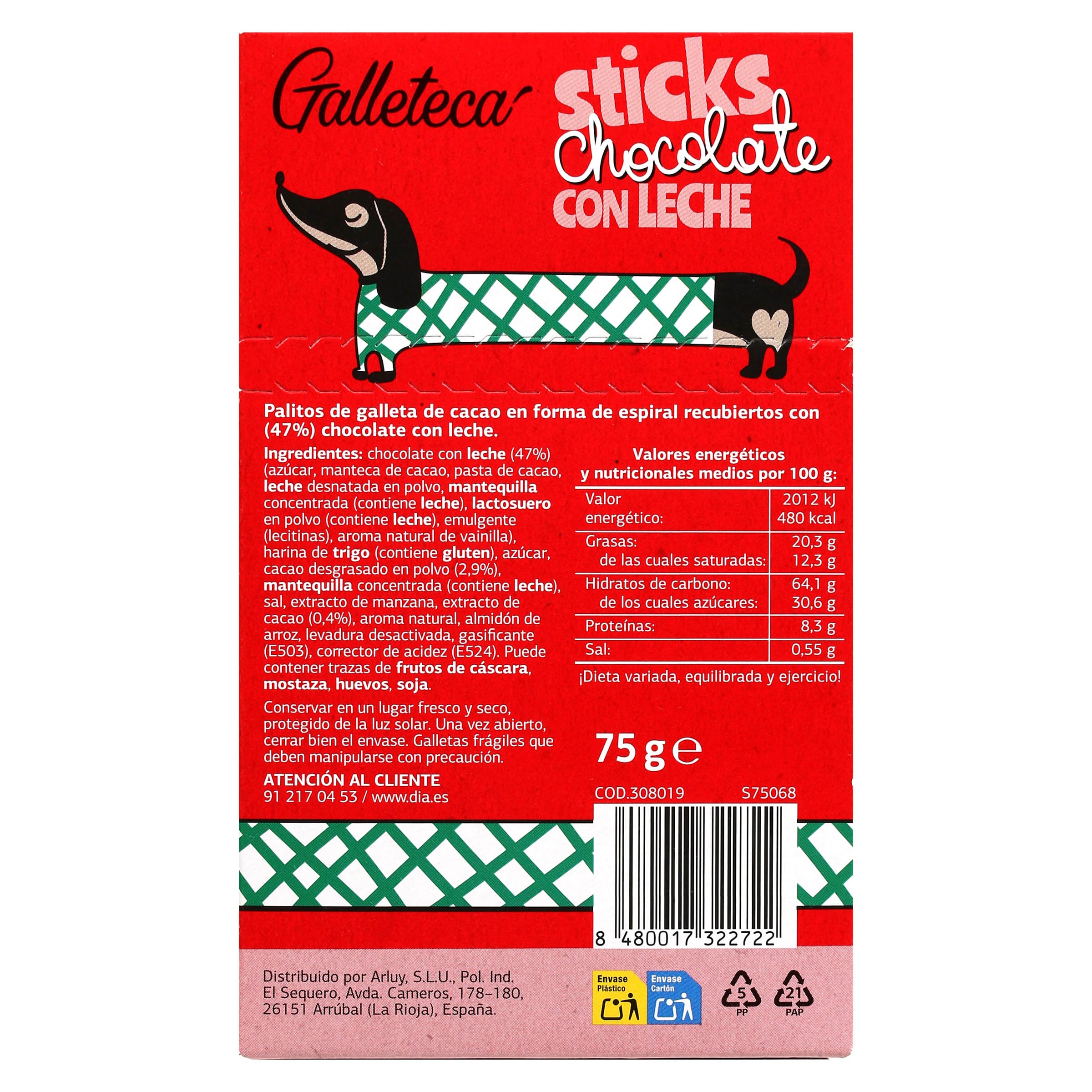 Palitos de galleta recubiertos de chocolate con leche Galleteca de Dia 75 g