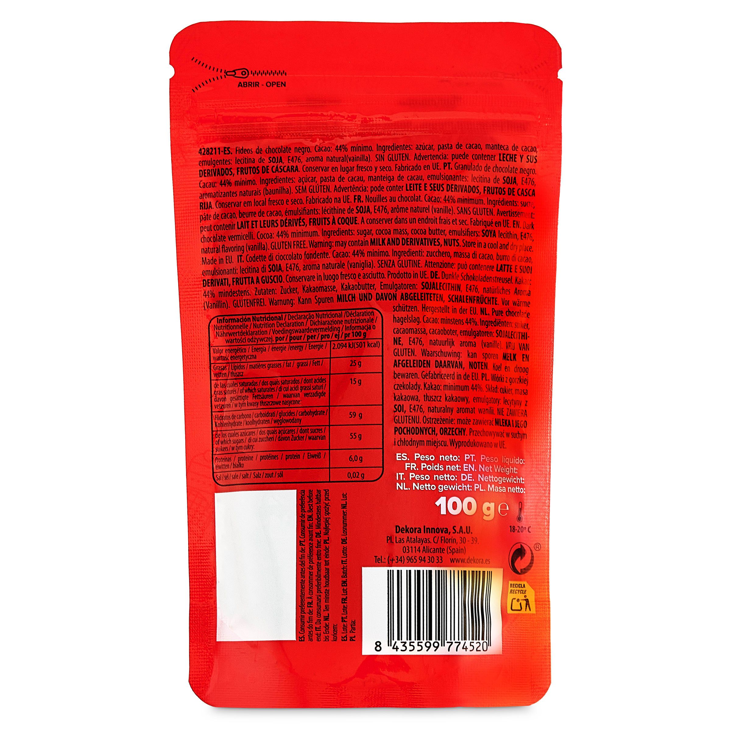 Fideos de chocolate negro Dekora 100 g