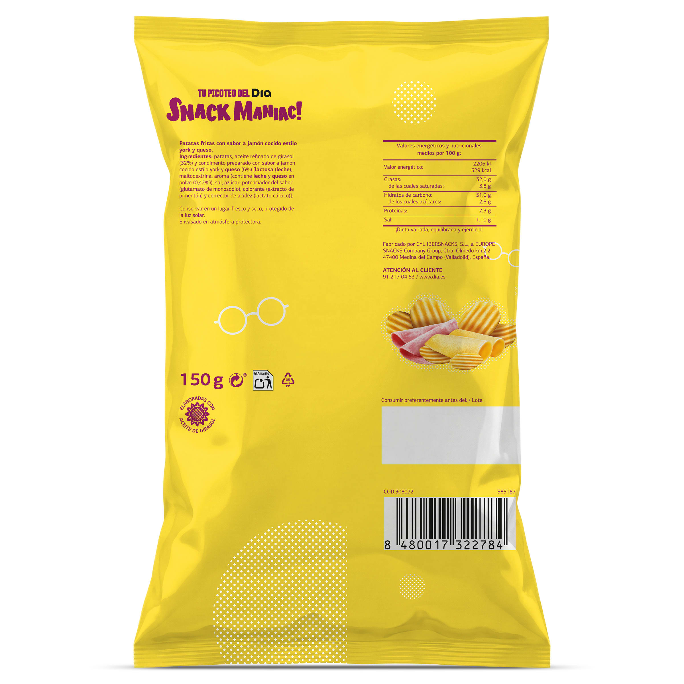 Patatas fritas onduladas sabor york queso Dia Snack Maniac 150 g